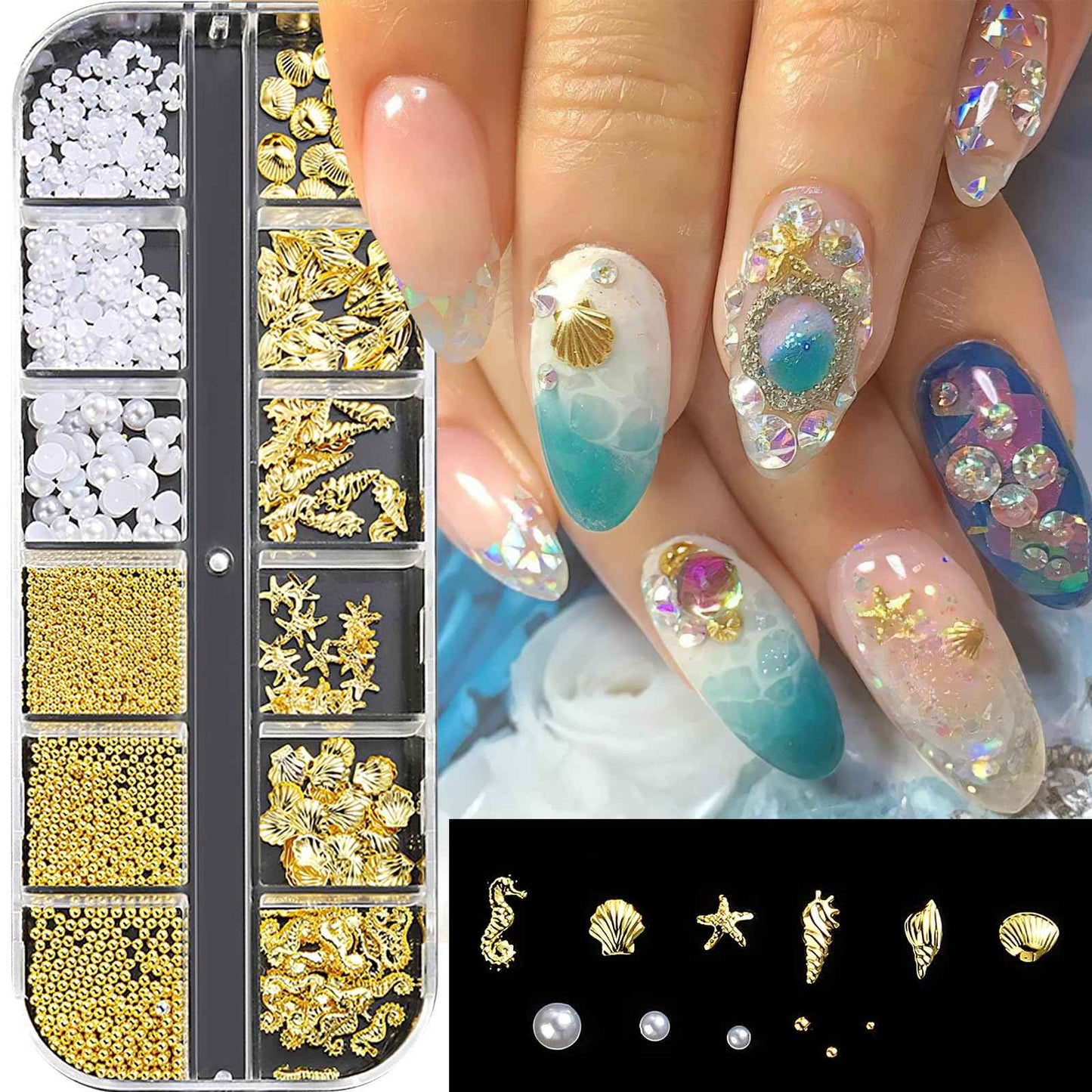 ROFIBUT Summer Nail Charms 3D Steel Studs Metal Art Charms Pearls Seashell Starfish Gold Rhinestones Ocean Theme Designs Nail Supplies for Women Girls Manicure 12 Grids