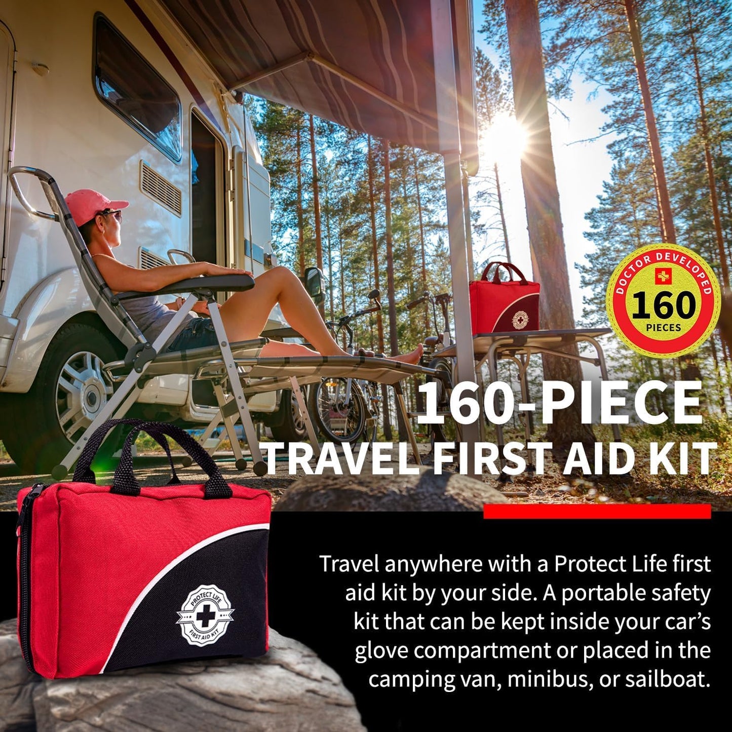 Protect Life First Aid Kit for Home/Business, HSA/FSA Eligible Emergency Kit Travel First Aid Kit Mini | Camping First Aid Kit Hiking | Small First Aid Kit for Car | Survival Medical Kit - 160pcs