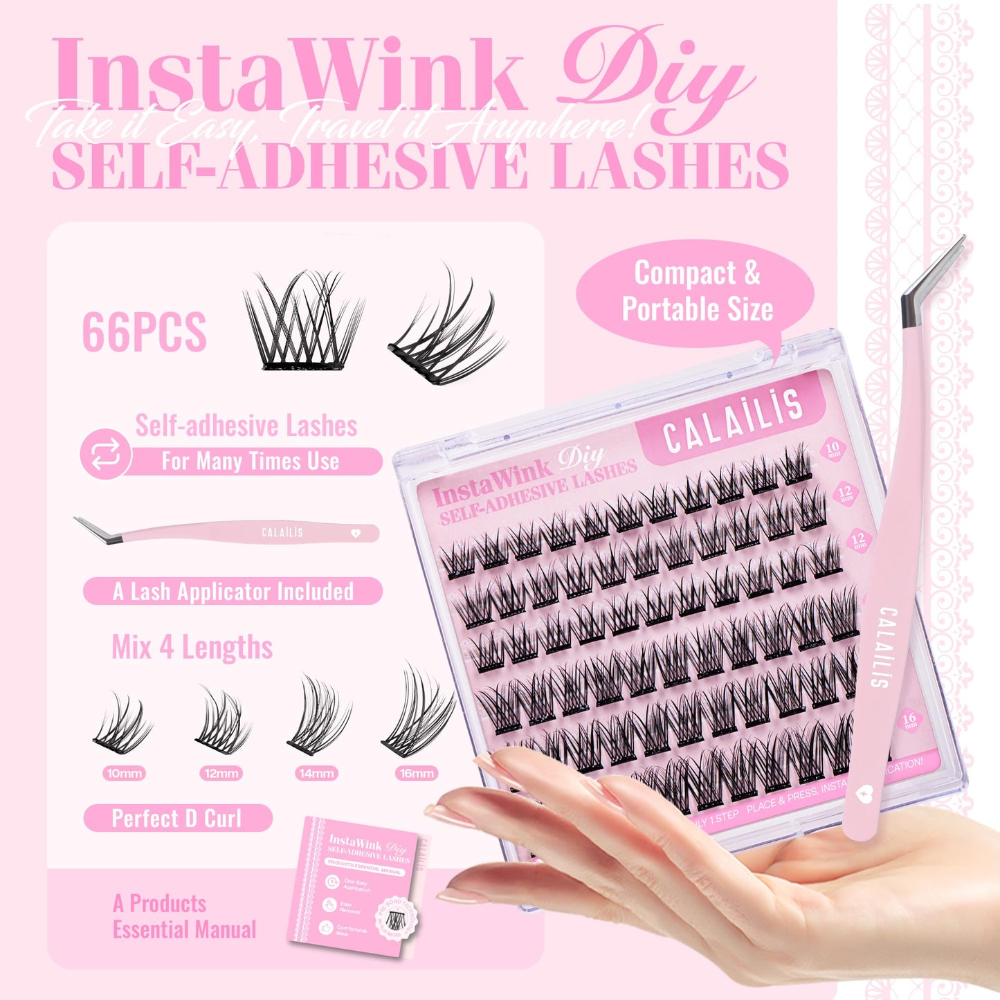 CALAILIS Self Adhesive Eyelashes 66Pcs Lash Clusters Press On Lashes, No Glue Needed Reusable DIY Eyelash Extensions Kit Pre Glued Eyelash Clusters with Lash Tweezers(A10,D-10-16mix)