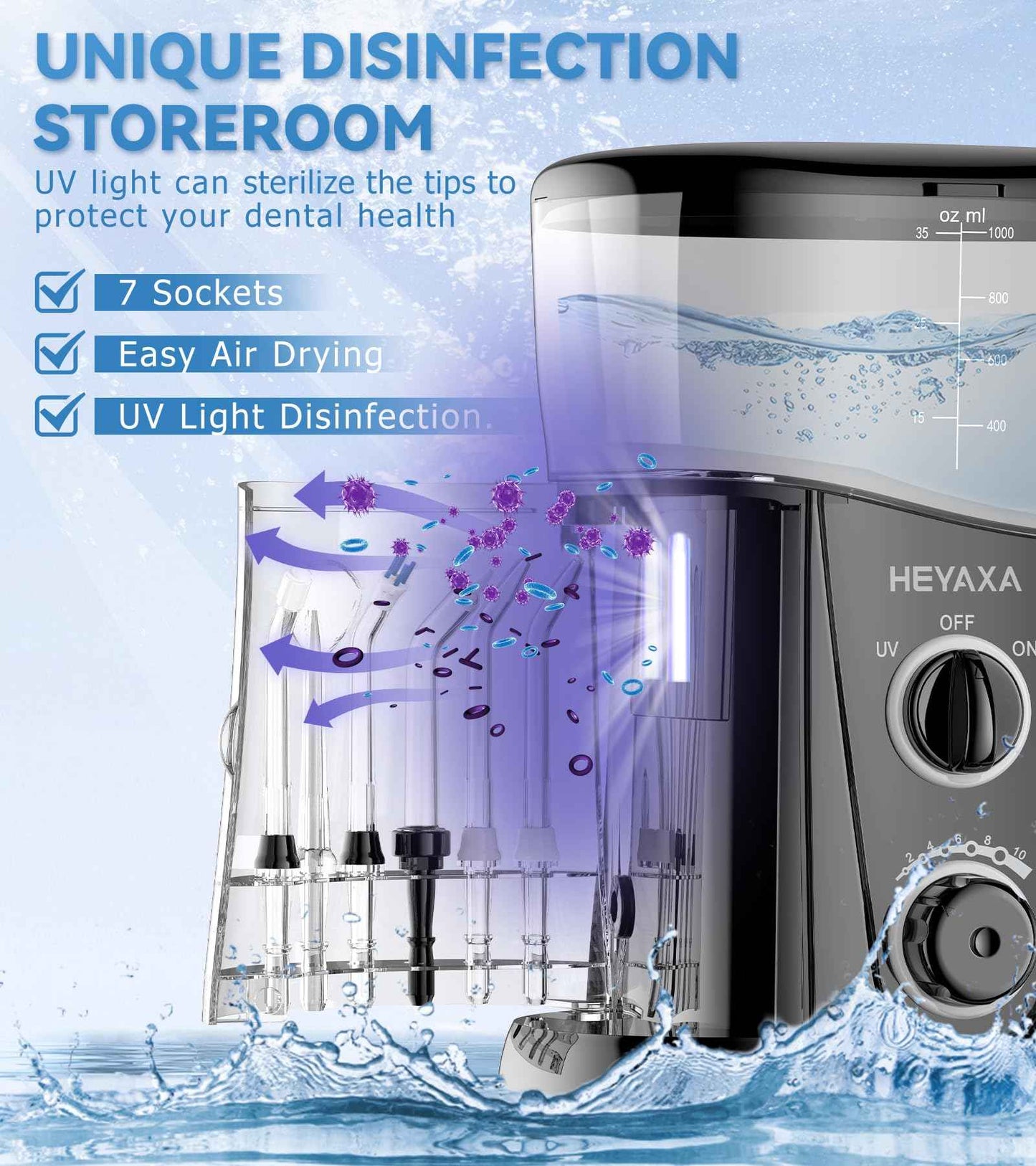 HEYAXA Water Dental Flosser for Teeth Cleaning with 1000ML Large Capacity and UV Storage, 10 Adjustable Pressure Electric Oral Irrigator with 7 Jet Tips, Gifts for Dental Health Seekers (Black)