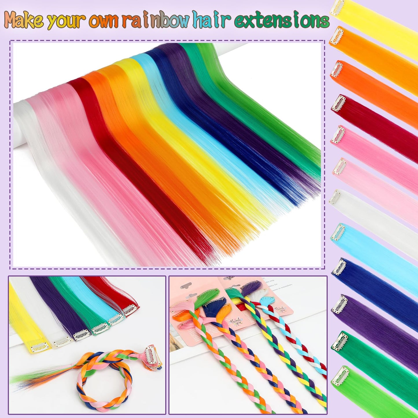 Fanguilar Colored Hair Extensions 12 PCS 24 Inch White Clip in Hair Extensions Rainbow One Color Party Highlight Long Straight Synthetic Hairpiece for Women Gifts Halloween Party