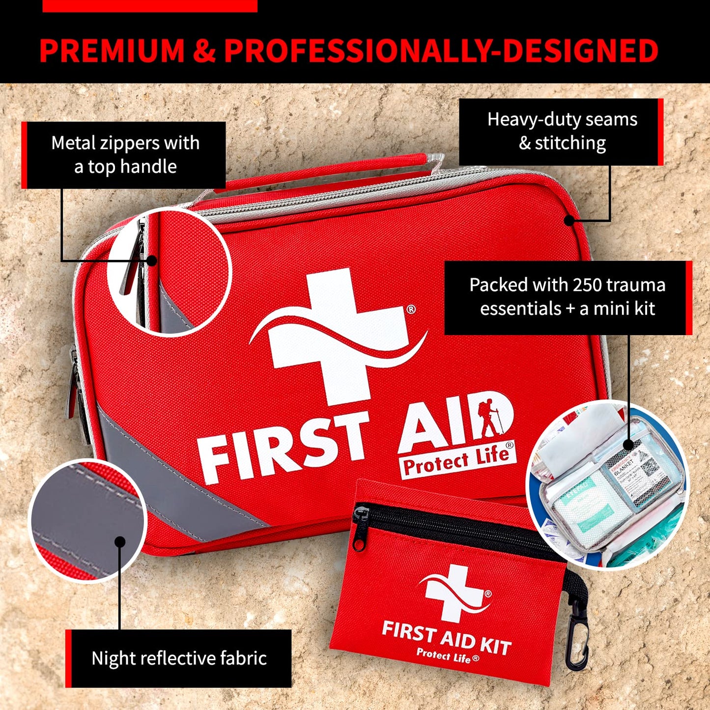 Protect Life First Aid Kit for Home/Business, HSA/FSA Eligible Emergency Kit | Medical First Aid Kit | Camping First Aid Kit Hiking | Small First Aid Kit for Car | Travel First Aid Kit Mini - 250pcs