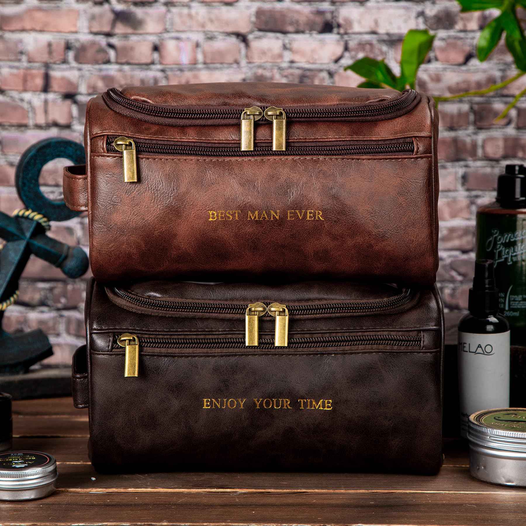 Flycalf Mens Toiletry Travel Bag Customized Mens Leather Toiletries Grooming Bag for Men Shaving Bag Hanging Water Resistant Organizer (Brown)