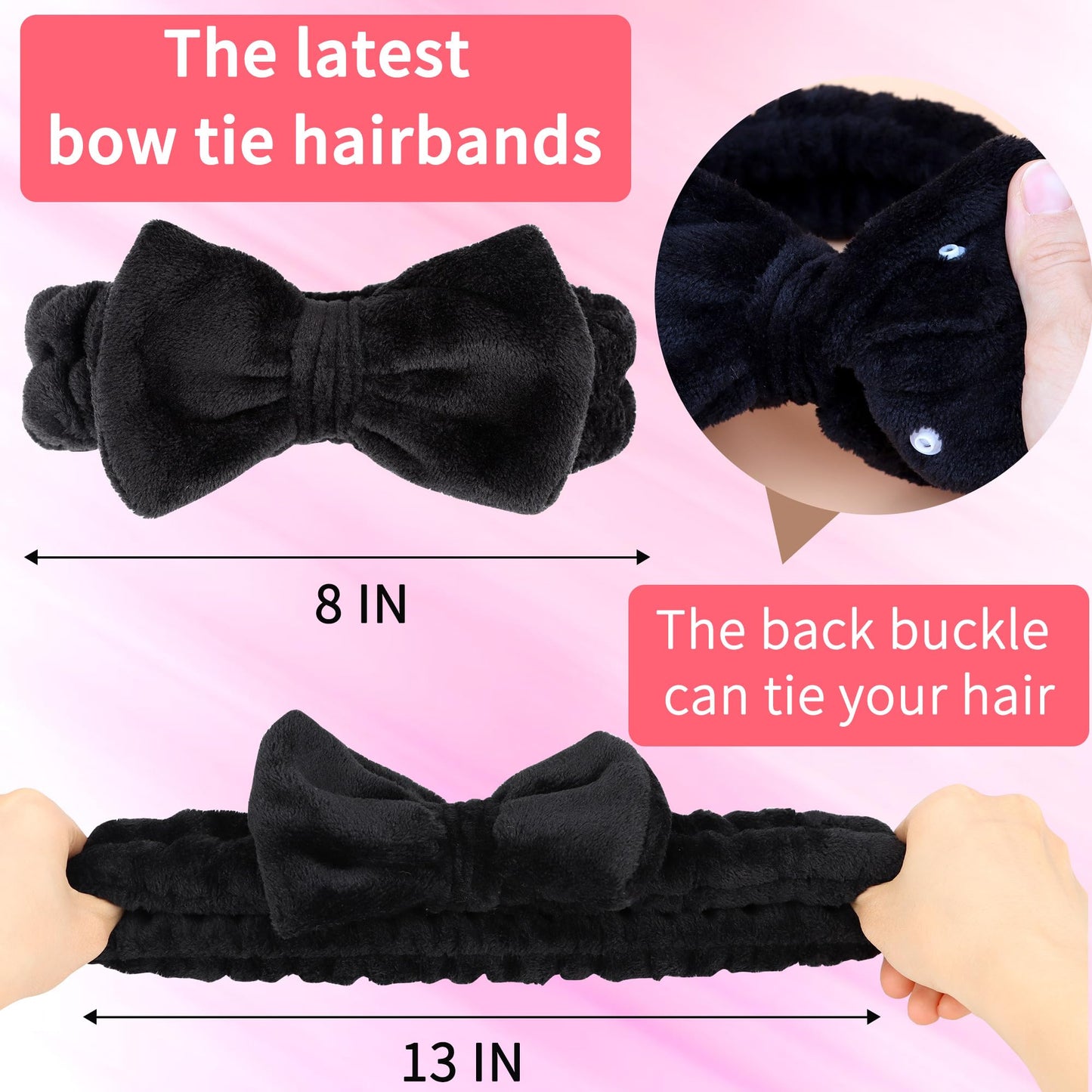 LVYOUIF 4PCS Spa Headband Hairband & Wristband Set Bow-tie Hairband with Buckled Hair Band Wrist Washband Terry Towel Cloth Headband for Washing Face Makeup Removal Skincare Black