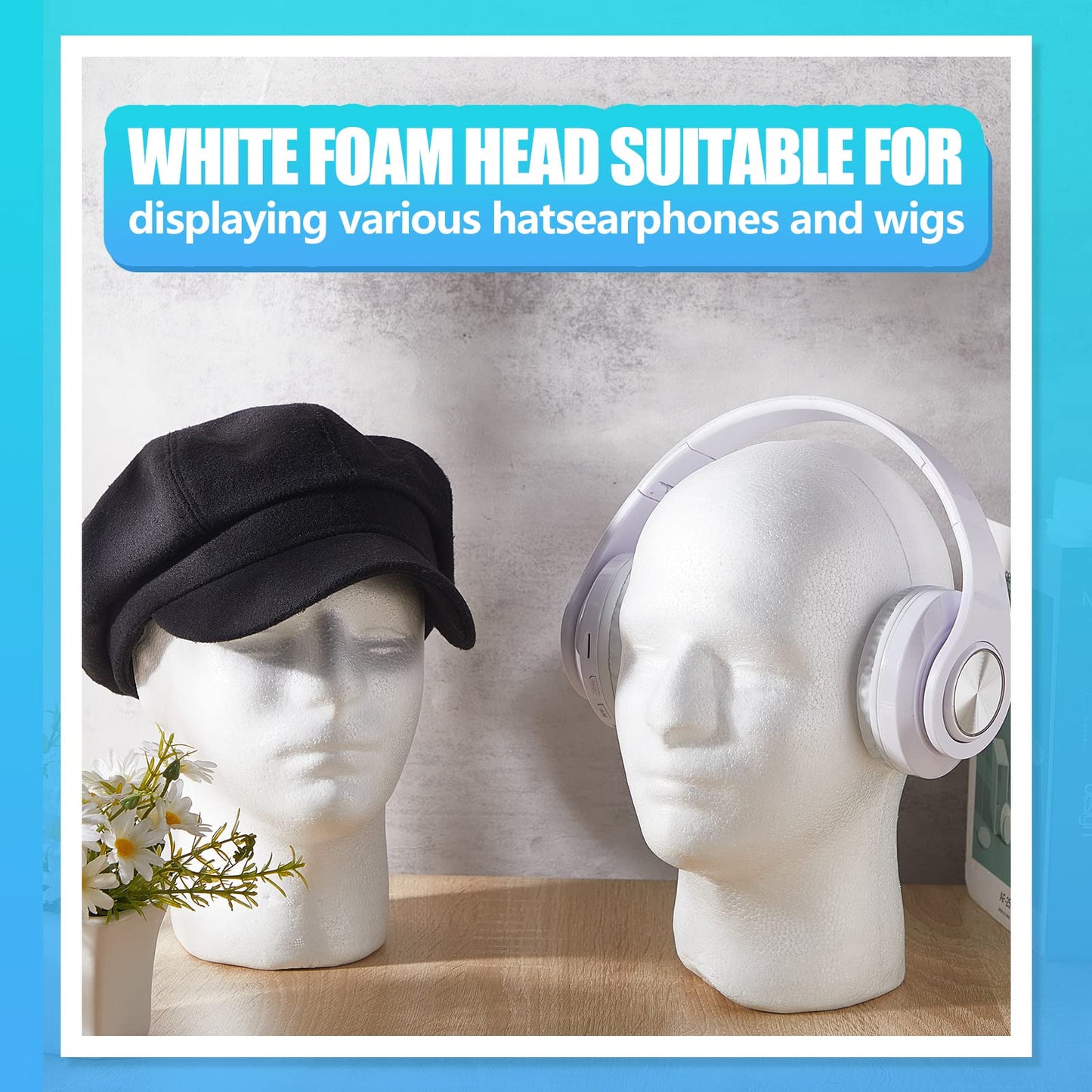 4 Count Wig Head Foam Head Foam Mannequin Head Stand Wig Holder Head for Hat Display, White (21.26 Inch)