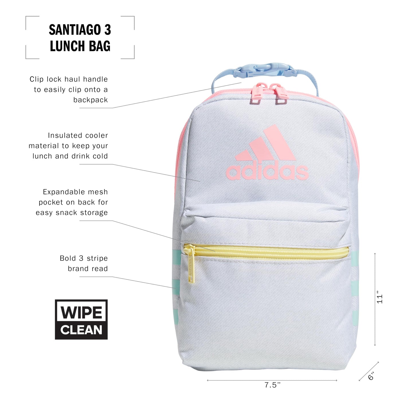 adidas Santiago Insulated Lunch Bag (6.5L) with Clip Lock Handle, Twill White/Clear Sky Blue/Pink Spark, One Size