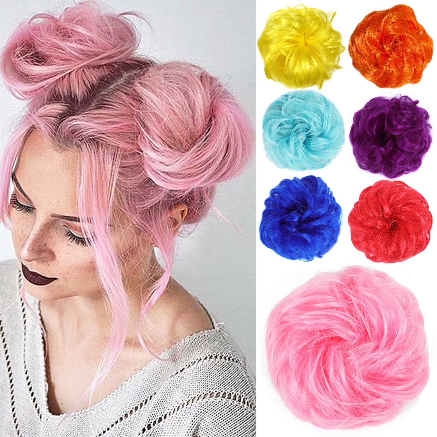 Kediciz Messy Bun Hair Piece Fake Hair Buns Scrunchies Extensions Synthetic 35g Thick Updo Hairpieces Curly Wavy Chignon Ponytail for Women Girls Kids Pink