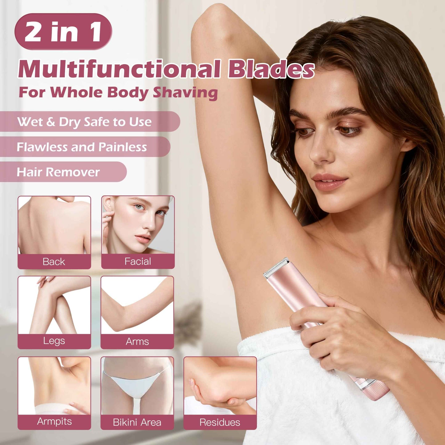 MINYUGUT 2 in 1 Dual Head Bikini Trimmer for Women, Women Electric Shaver IPX7 Waterproof Wet & Dry Use Body Hair Trimmer and Facial Hair Remover Cordless Body Shaver for Bikini Underarm Leg Arm Face