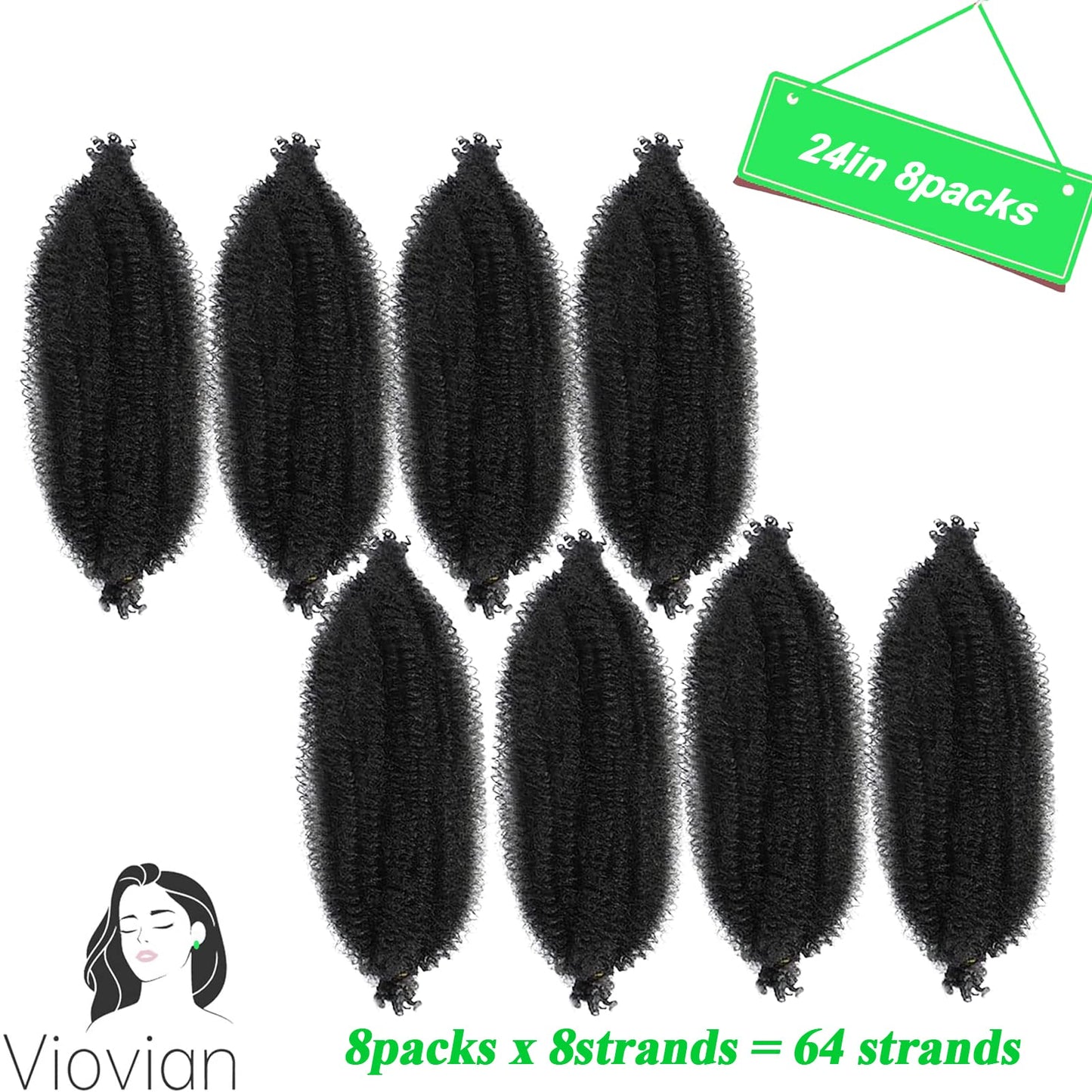 Viovian 8 Packs Springy Afro Twist Hair 24 Inch Kinky Marley Twist Braiding Hair Pre-Separated Springy Twist Hair Wrapping Hair for Soft Locs Hair Extensions for Women (1B#)