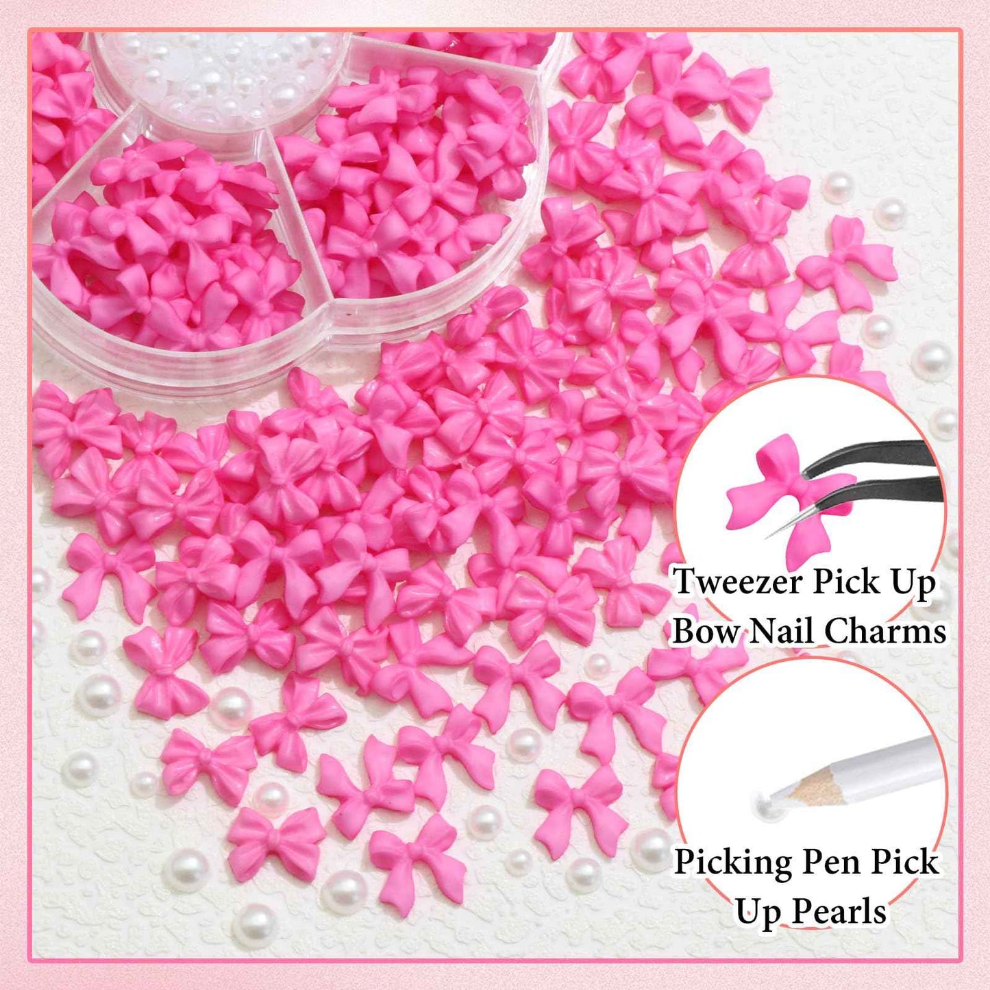 300Pcs Bow Nail Charms and Flatback Pearls,Rose Red Bowknot 3D Cute Nail Charms for Acrylic Nail Supplies Design,3-5mm White Half Pearls for Nail Jewelry DIY Crafts Nail Art Decoration Accessories