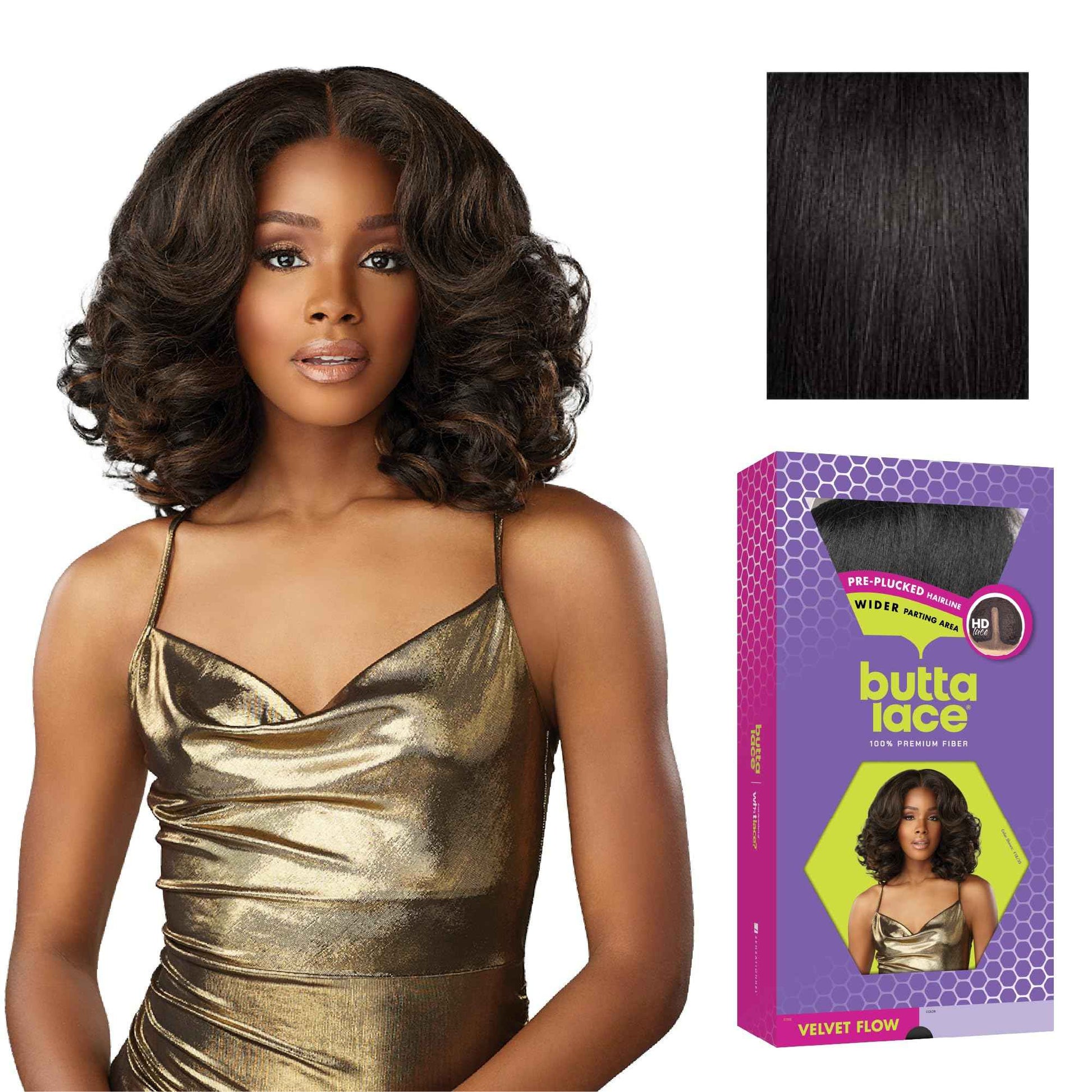 Sensationnel Butta Lace Wigs - Velvet Flow Unit Extra Wide 5 Inch Deep Parting Synthetic Preplucked Hairline Glueless Lacefront (1B OFFBLACK)