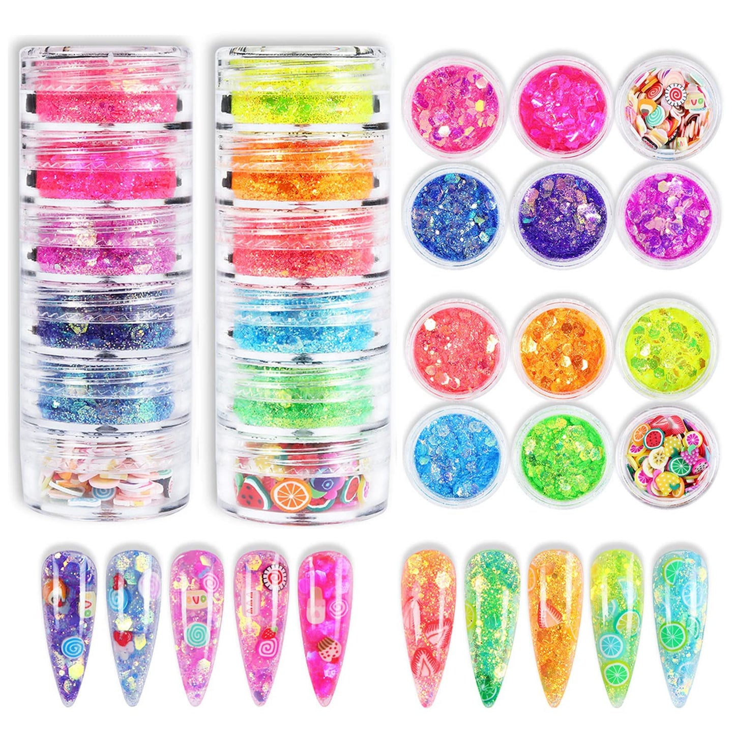 12 Colors Hexagon Nail Glitter Flakes Holographic Chunky Glitter Shiny Mermaid Nail Sequins Charms Craft Glitter Powder Flakes with 3D Fruit Slices for Women Girls Nail Art