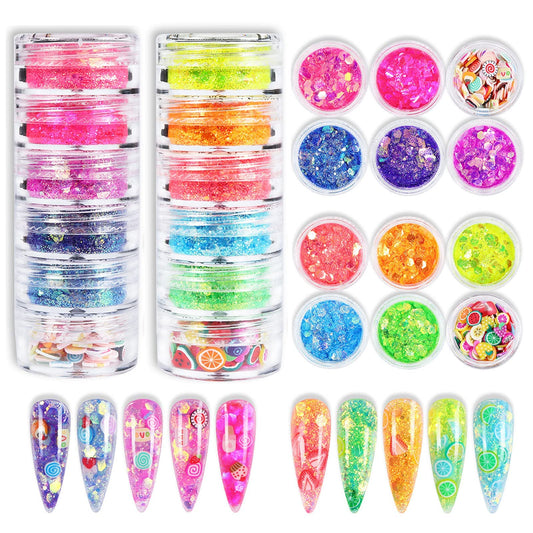 12 Colors Hexagon Nail Glitter Flakes Holographic Chunky Glitter Shiny Mermaid Nail Sequins Charms Craft Glitter Powder Flakes with 3D Fruit Slices for Women Girls Nail Art