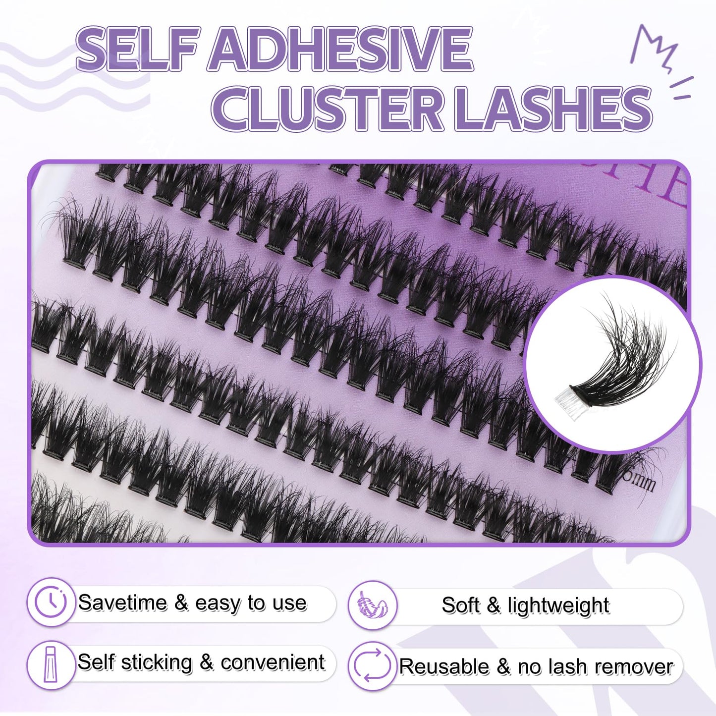 Self Adhesive Eyelashes Press On Lash Clusters 60/80/100D Eyelash Clusters Kit 3D Curl Lash Extension Kit 12-16mm Pre-Glued Cluster Lashes DIY Eyelash Extensions No Remover Lashes Self Application