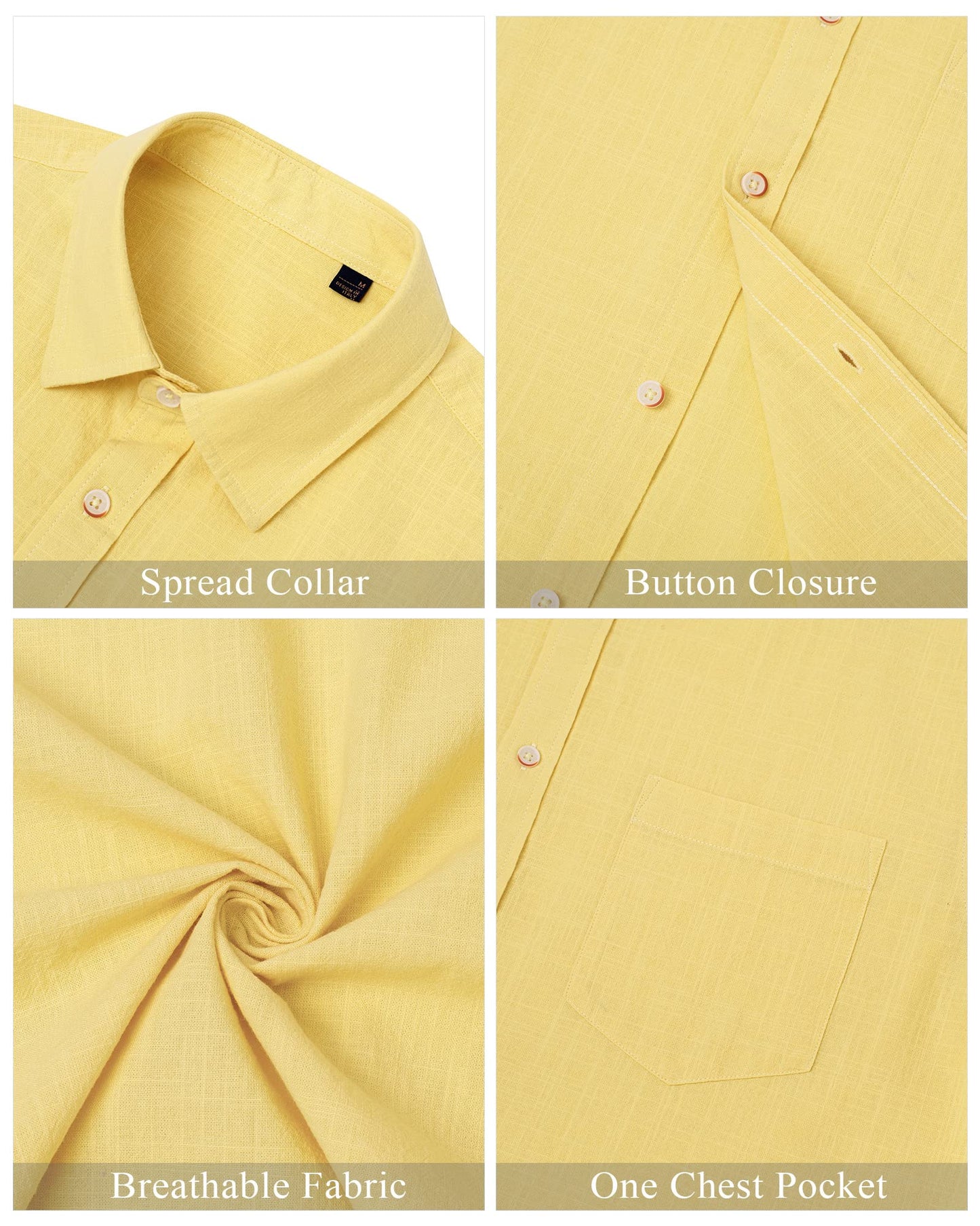 J.VER Men's Casual Button Up Linen Shirts Solid Short Sleeve Work Shirt Loose Fit Vacation Tees with Pocket Light Yellow Medium