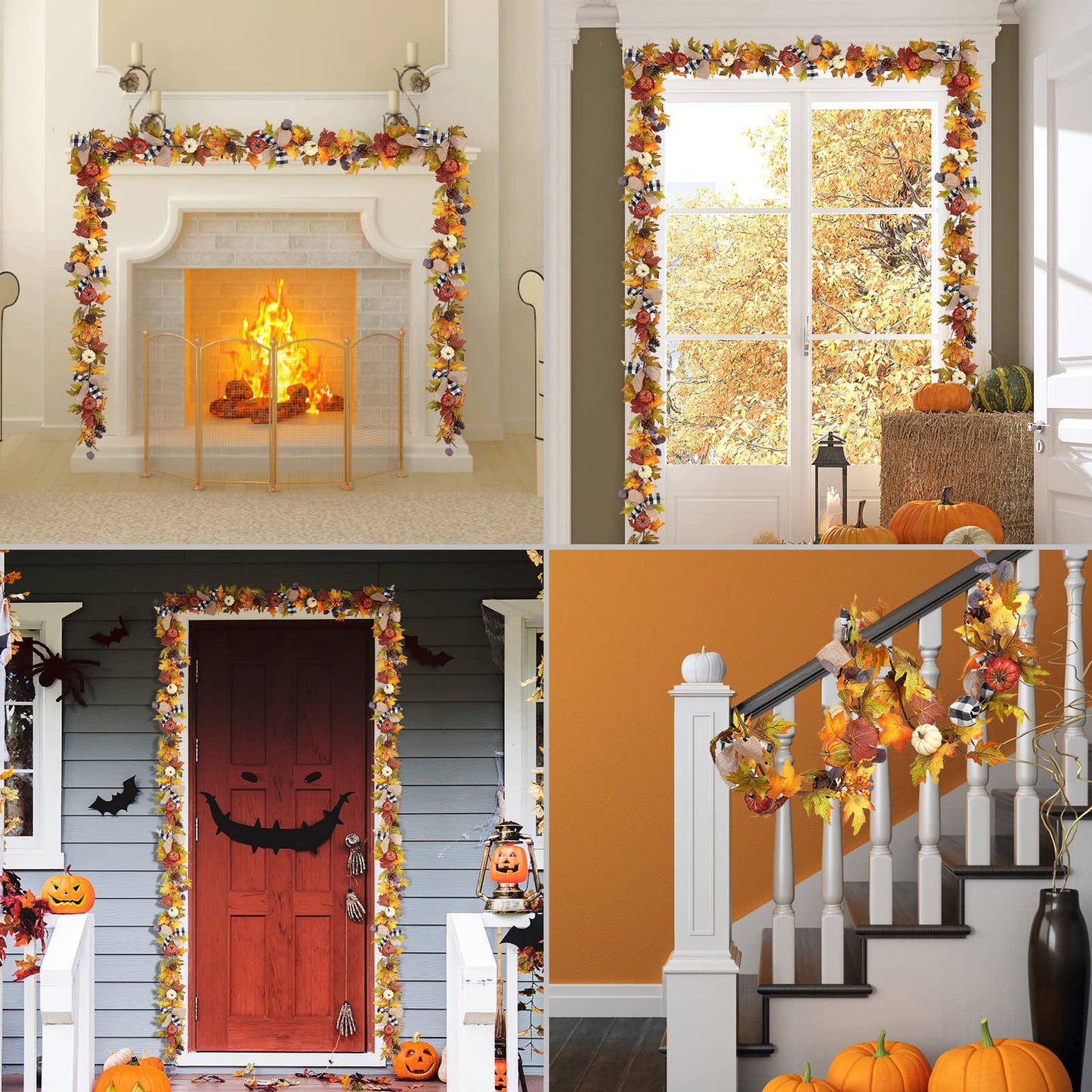 Adeeing 6 Ft Thanksgiving Fall Garland Decor, Artificial Autumn Garlands with Pumpkins, Maple Leaves, Ribbon and Pine Cone for Indoor Outdoor Fireplace Window Home Decoration