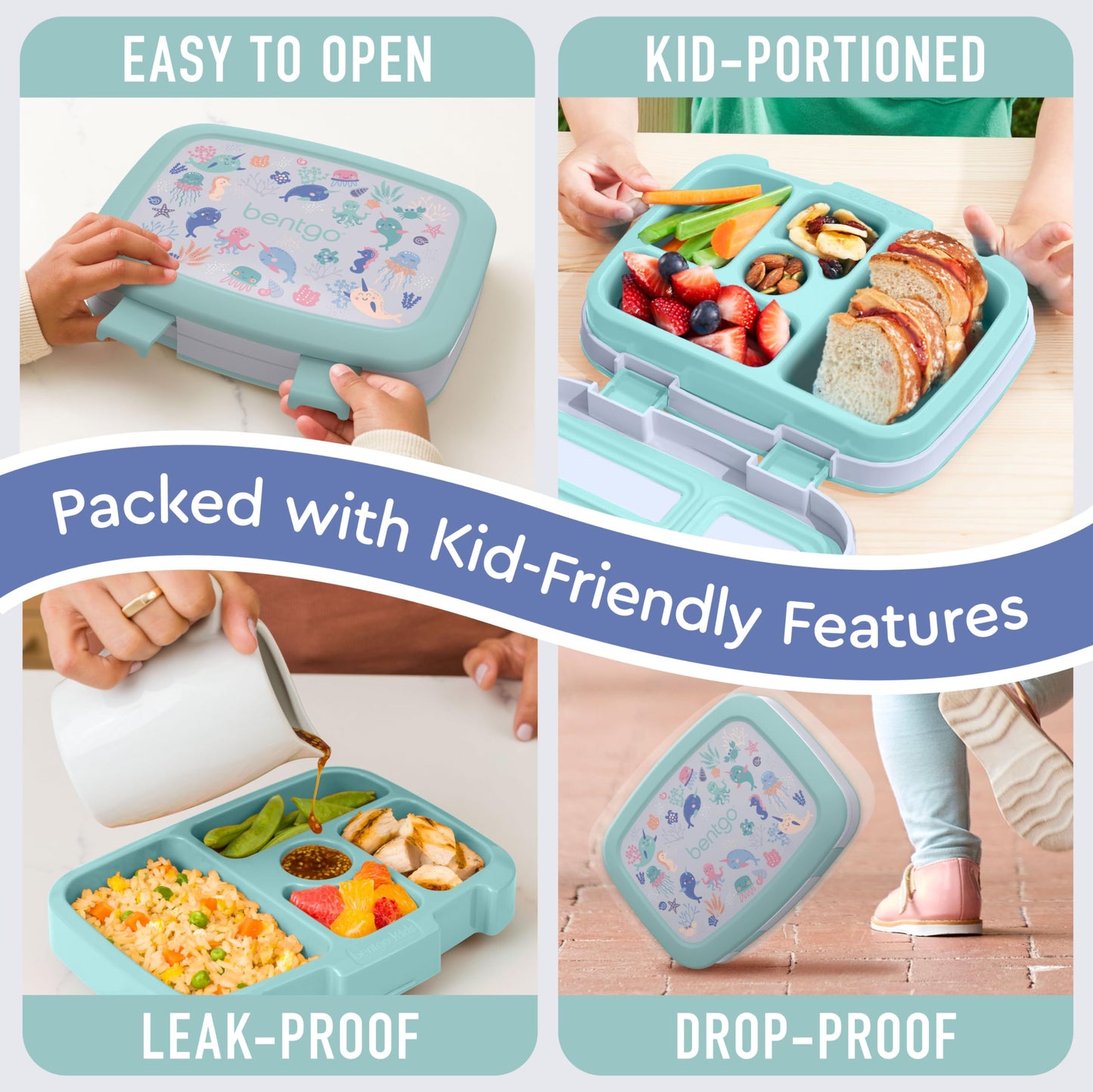 Bentgo Kids Prints Leak-Proof, 5-Compartment Bento-Style Kids Lunch Box - Ideal Portion Sizes for Ages 3-7, Durable, Drop-Proof, Dishwasher Safe, & Made with BPA-Free Materials (Sea Life)