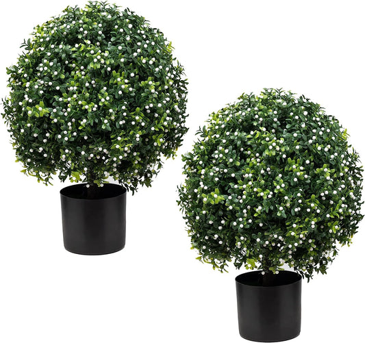 Artificial Boxwood Topiary Ball Tree Outdoor Porch Trees Set of 2 22'' T * 15'' D, Faux Boxwood Plants Outdoor Home Garden Christmas Decorations for Home Porch (White)