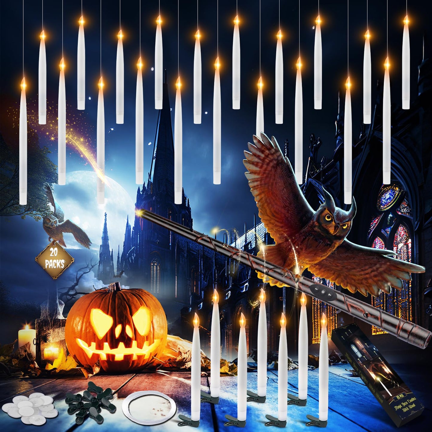 Halloween Decorations, 20 Pcs 8-inch Floating Candles with Wand Remote, Flickering Warm Light Battery Operated LED Hanging Candles with DIY Line & Clips for Halloween Decor Indoor Outdoor Party