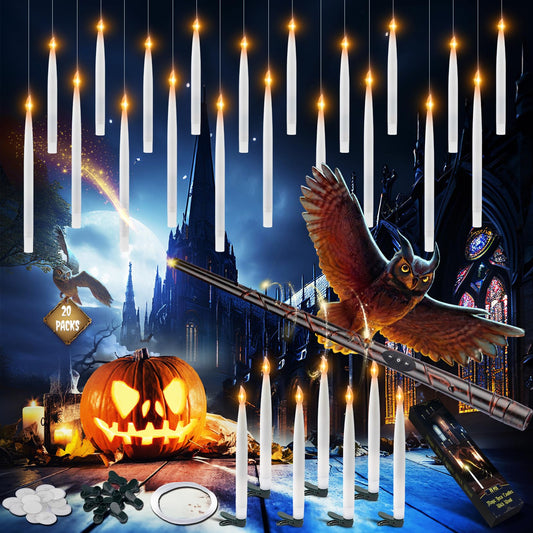 Halloween Decorations, 20 Pcs 8-inch Floating Candles with Wand Remote, Flickering Warm Light Battery Operated LED Hanging Candles with DIY Line & Clips for Halloween Decor Indoor Outdoor Party