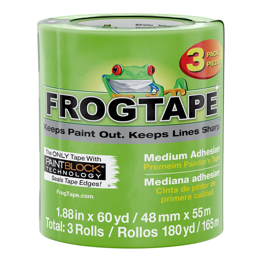 FROGTAPE Multi-Surface Painter's Tape with PAINTBLOCK, Medium Adhesion, 1.88 Inches x 60 Yards, Green, 3 Rolls (240661)