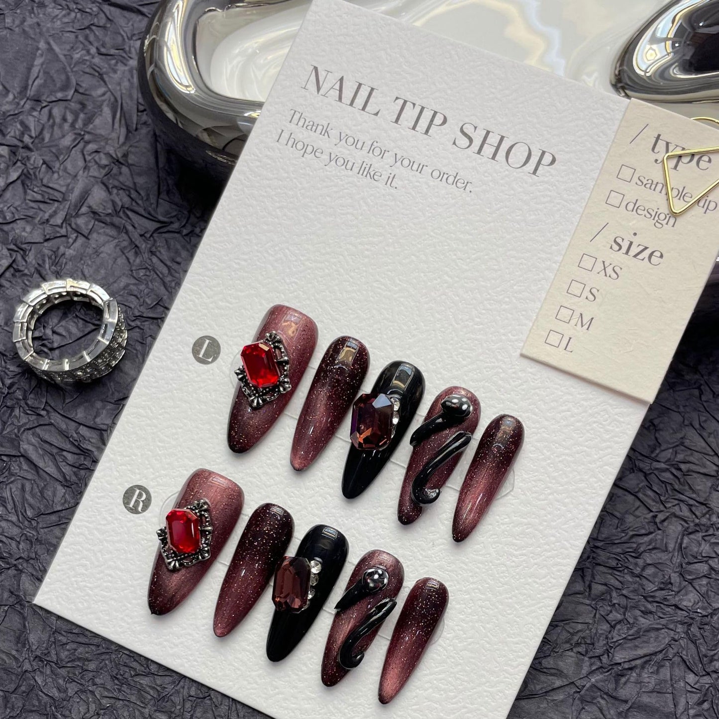 CAMILCY Handmade Nails Press on Almond Shaped Black and Red Snake Design Hand Painted Reusable Gel UV Finished Pre Shaped False Nails for Women 10Pcs 3D Handmade Nails (A002 L)