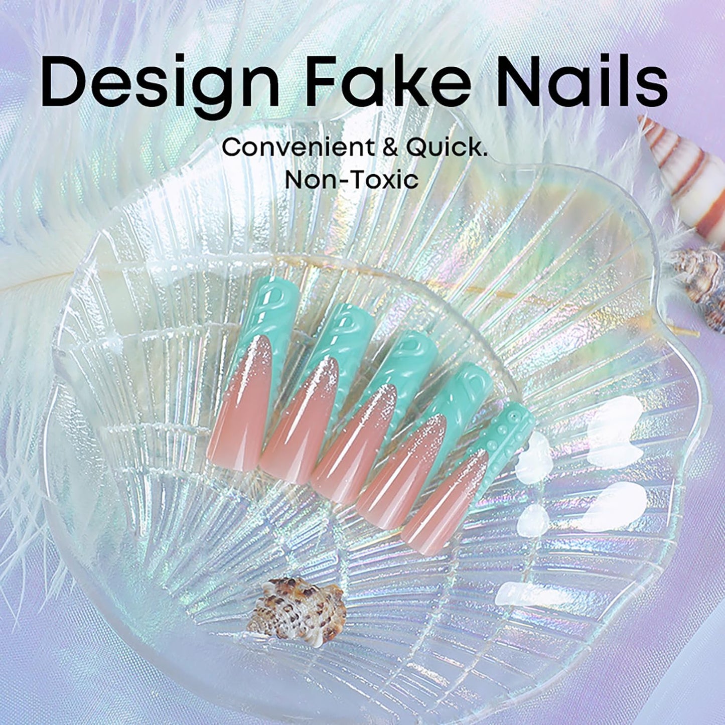 Long Coffin Press on Nails French Tip Green RIICFDD Fake Nails 3D Water Ripple Designs Nude Pink Artificial Glossy Acrylic Nails Full Cover Glue on Nails for Women and Girls Nail Decoration 24 Pcs