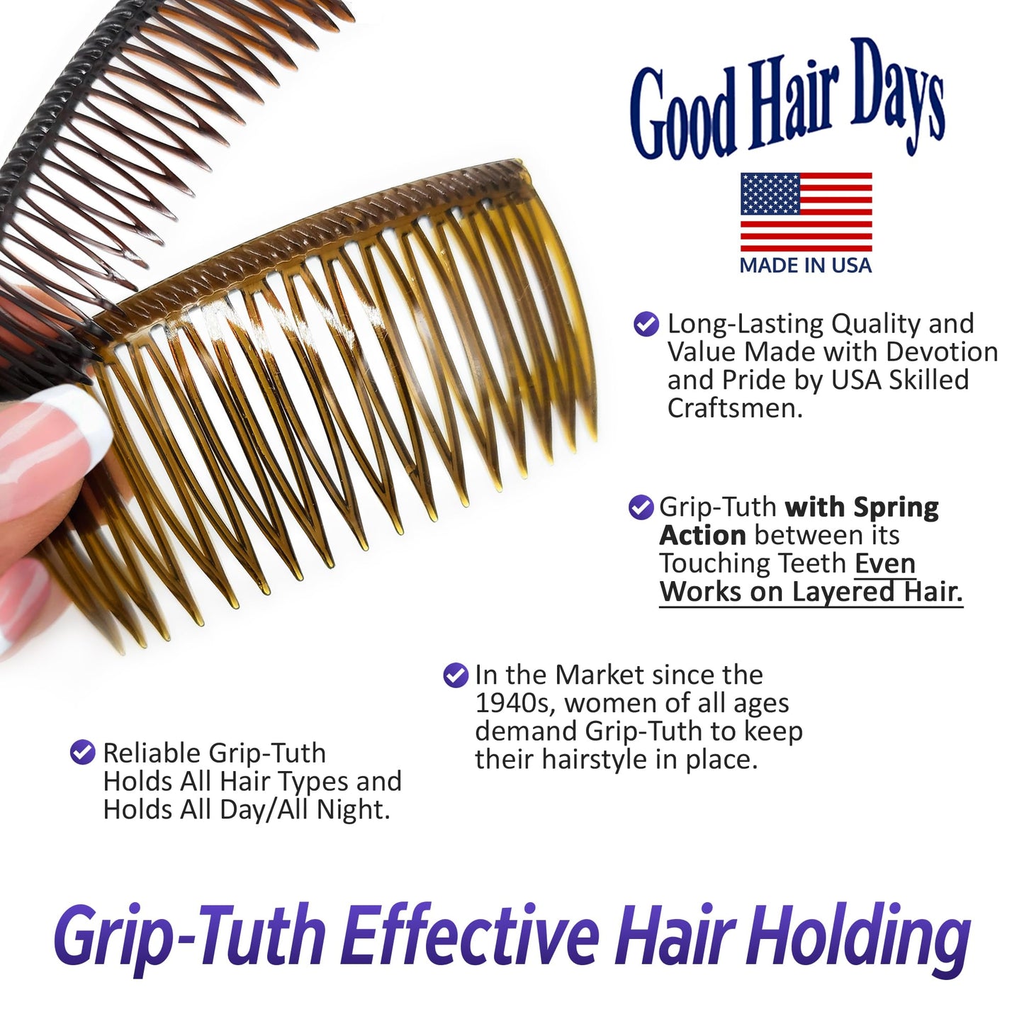 Good Hair Days Grip-Tuth Combs - Set Of 2 Hair Side Combs - Hair Combs For All Types Of Hair - Decorative & Hair Styling Women Accessories (Clear, 1 ½ ″ Wide)