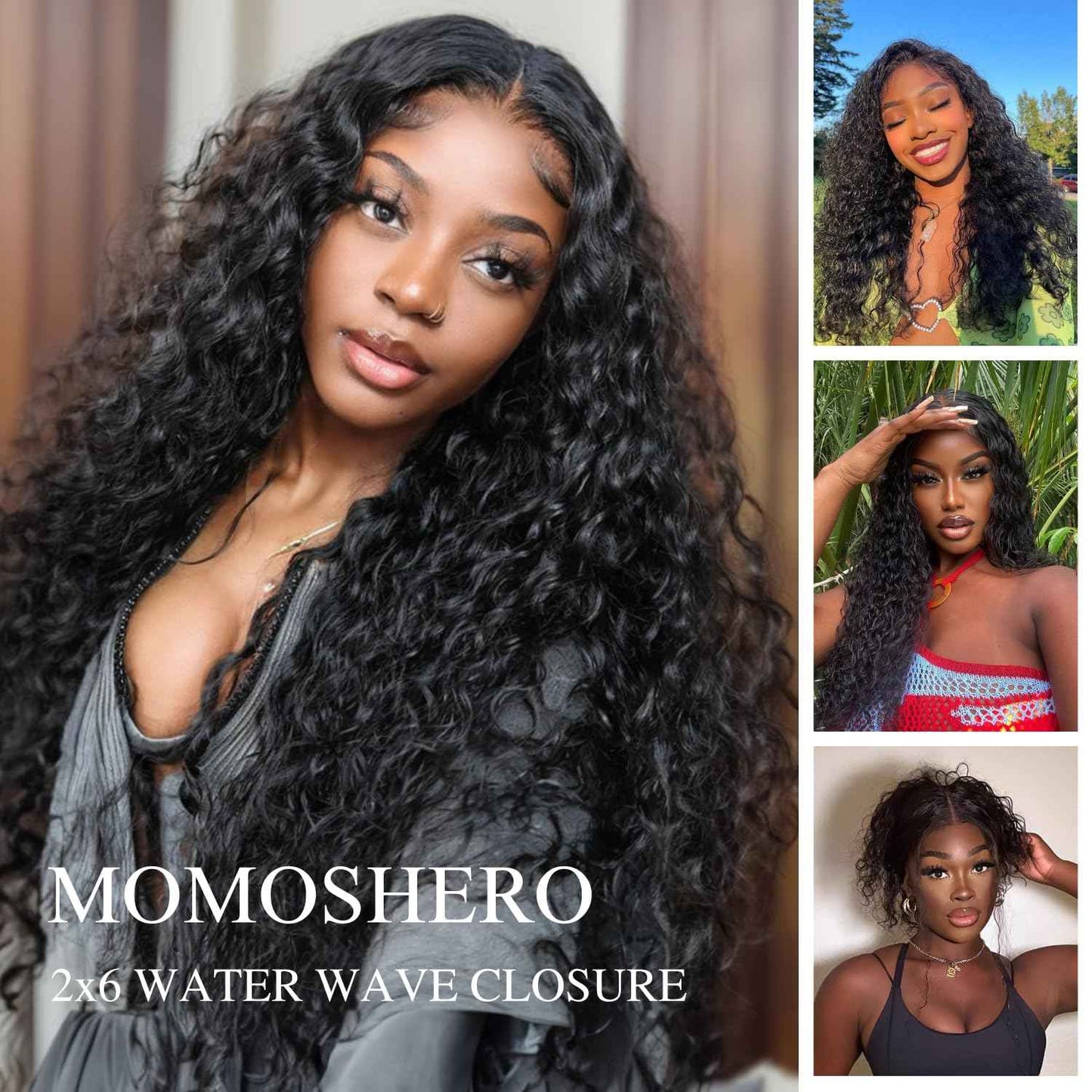 MOMOSHERO 2x6 Water Wave Lace Closure 100% Unprocessed Human Hair, 12A Remy Natural Black Color Pre-Plucked Hairline Wet and Wavy Curly Closure Deep Middle Part With Baby Hair for Women 16 inch