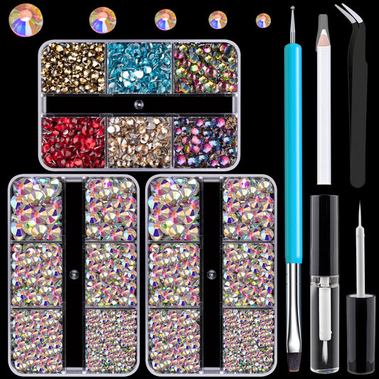 Colorful Face Gems for Makeup Set, Flatback Gorgeous Glass AB Gems+Mixed-Colored Crystals with Picker Pencil, Makeup Glue, Dual-End Dotting Tool, Tweezer for Eye Body Hair Make-up and Nail Art Deco