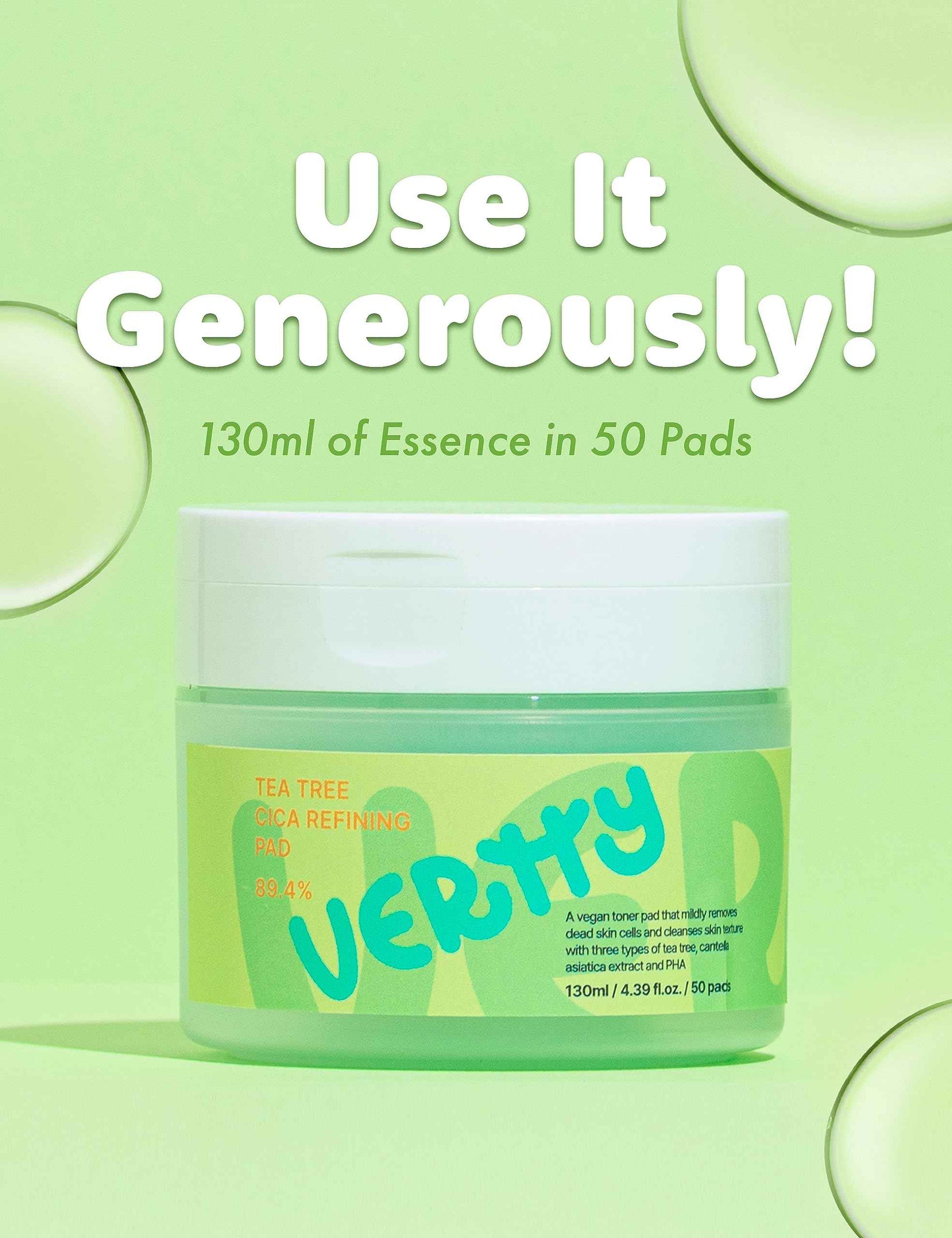 Vertty Tea Tree Cica Toner Pad | Exfoliating, Hydrating, Redness Relief Toner Pad for face | 100% Vegan Cotton Pad | Long-lasting Hydration | All Skin Types | Teens & Kids Skin Care (50 Count, 4.4oz)