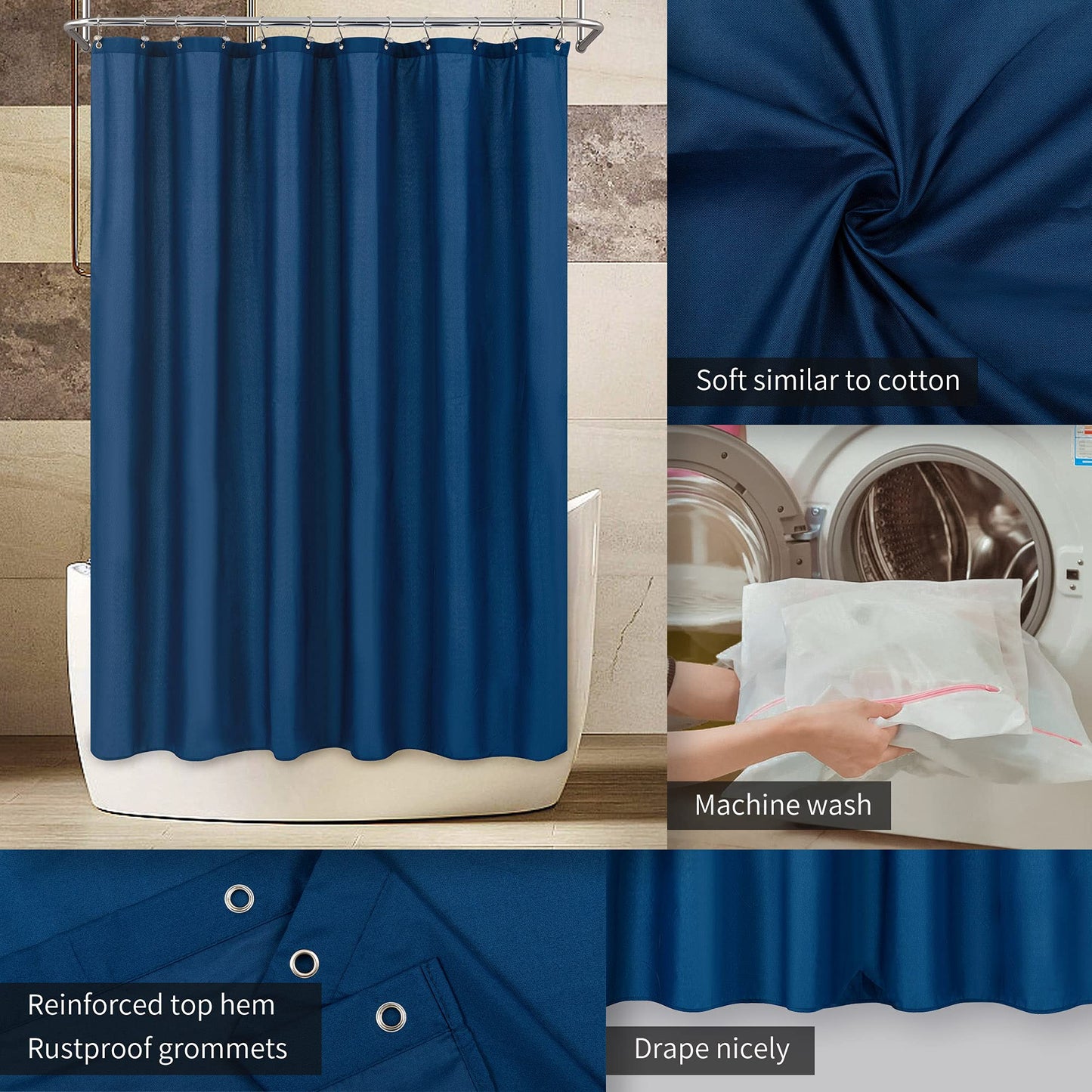 ALYVIA SPRING Waterproof Fabric Shower Curtain Liner - Soft & Light-Weight Cloth Shower Liner, 3 Bottom Magnets, Hotel Quality & Machine Washable - Standard Size 72x72, Navy Blue