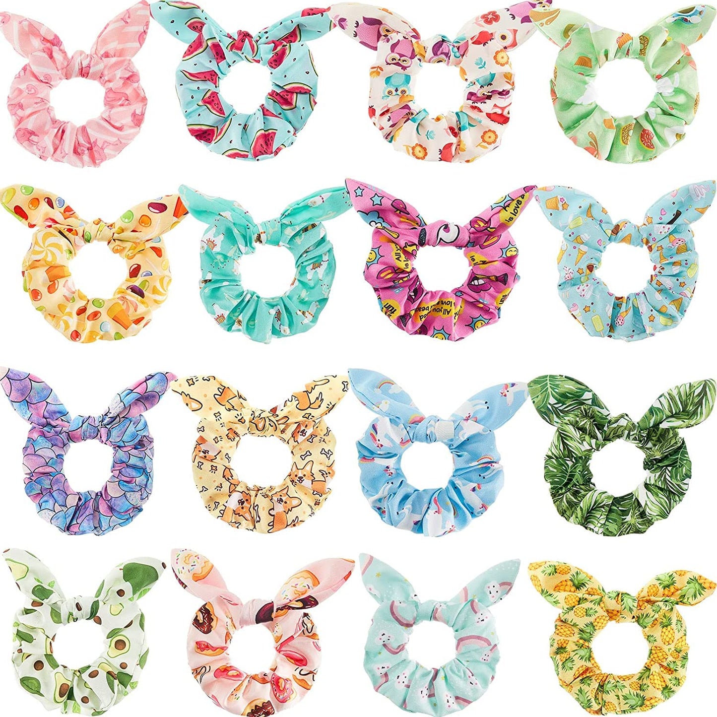 16 Pieces Cute Hair Scrunchies Kawaii Colorful Hair Scrunchies Cute Unicorn Rainbow Mermaid Dog Printing Hair Scrunchy Ponytail Holder Hair Ties Accessories for Women and Girls (Cute Style)