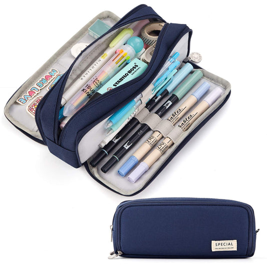 CICIMELON Large Capacity Pencil Case 3 Compartment Pouch Pen Bag for School Teen Girl Boy Men Women (Navy)