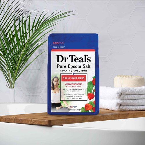 Dr Teal's Pure Epsom Salt, Ashwagandha & Essential Oils, 3 lbs (Pack of 4)