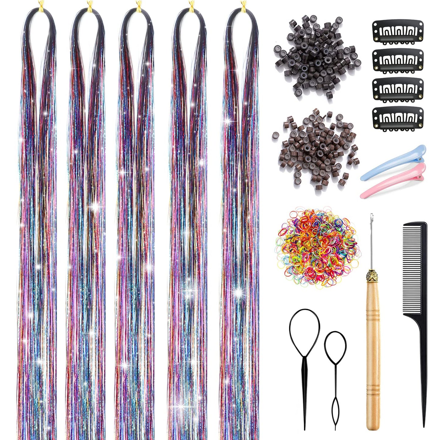 Hair Tinsel Kit Sparkling Tinsel Hair Extensions With Tools 48Inches 1200 Strands Fairy Hair Tinsel Heat Resistant Glitter Hair Extensions Shiny Hair Tensile Accessories for Women Girls Kids (Rainbow)