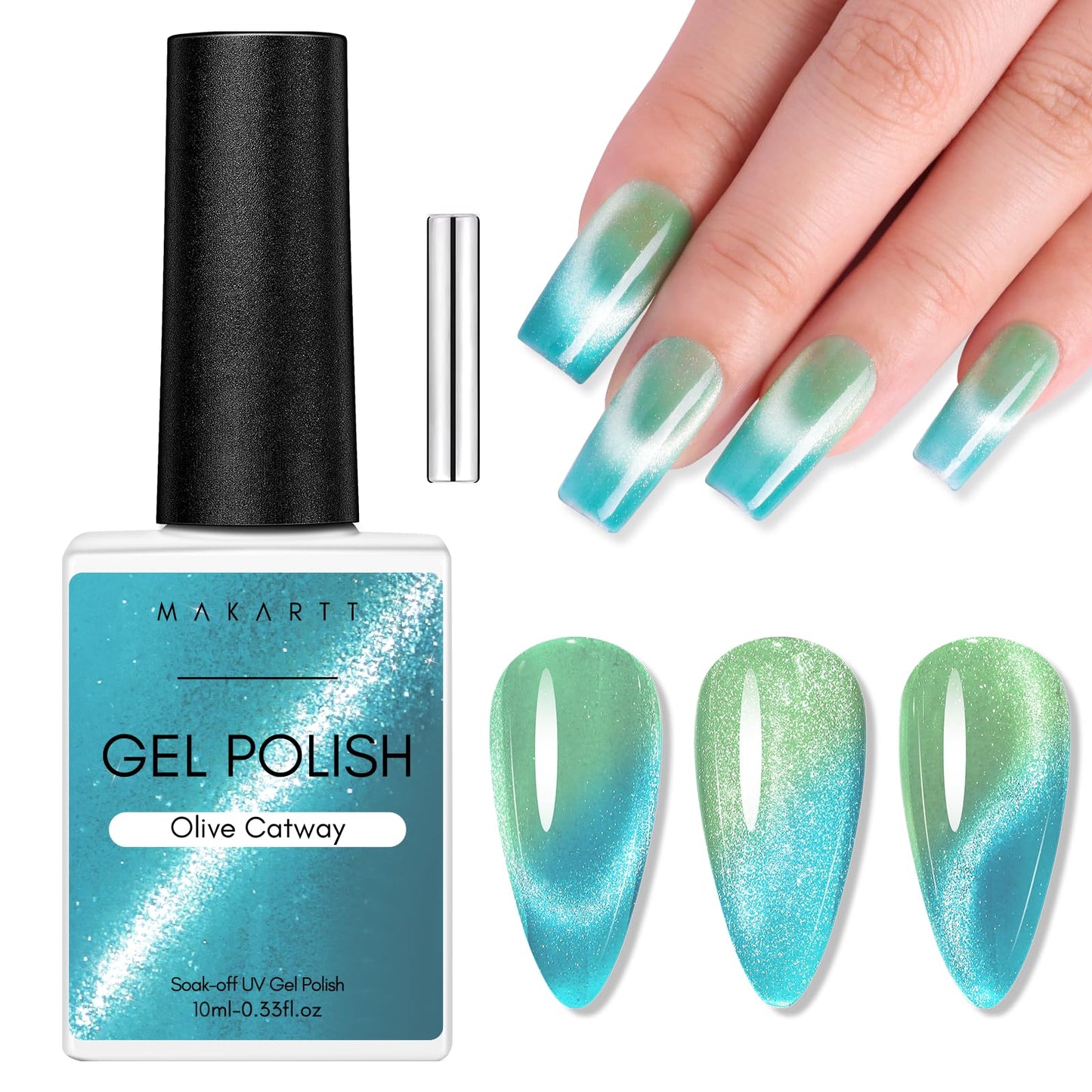 Makartt Cat Eye Gel Nail Polish - 10ML Reflective Glitter Gel Polish with Cat Eye Magnet for Nails Temperature Changing Magnetic Nail Polish Gel UV LED DIY Nail Art Salon Home Gift(Olive Catway)