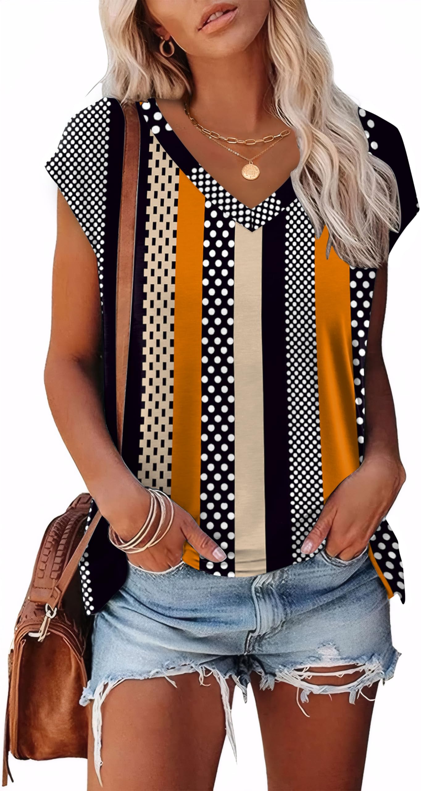 Womens Floral Tops Dressy Casual Black Summer Loose Fit Flower V Neck Tshirts Short Sleeve Outifts Print Striped Dots S