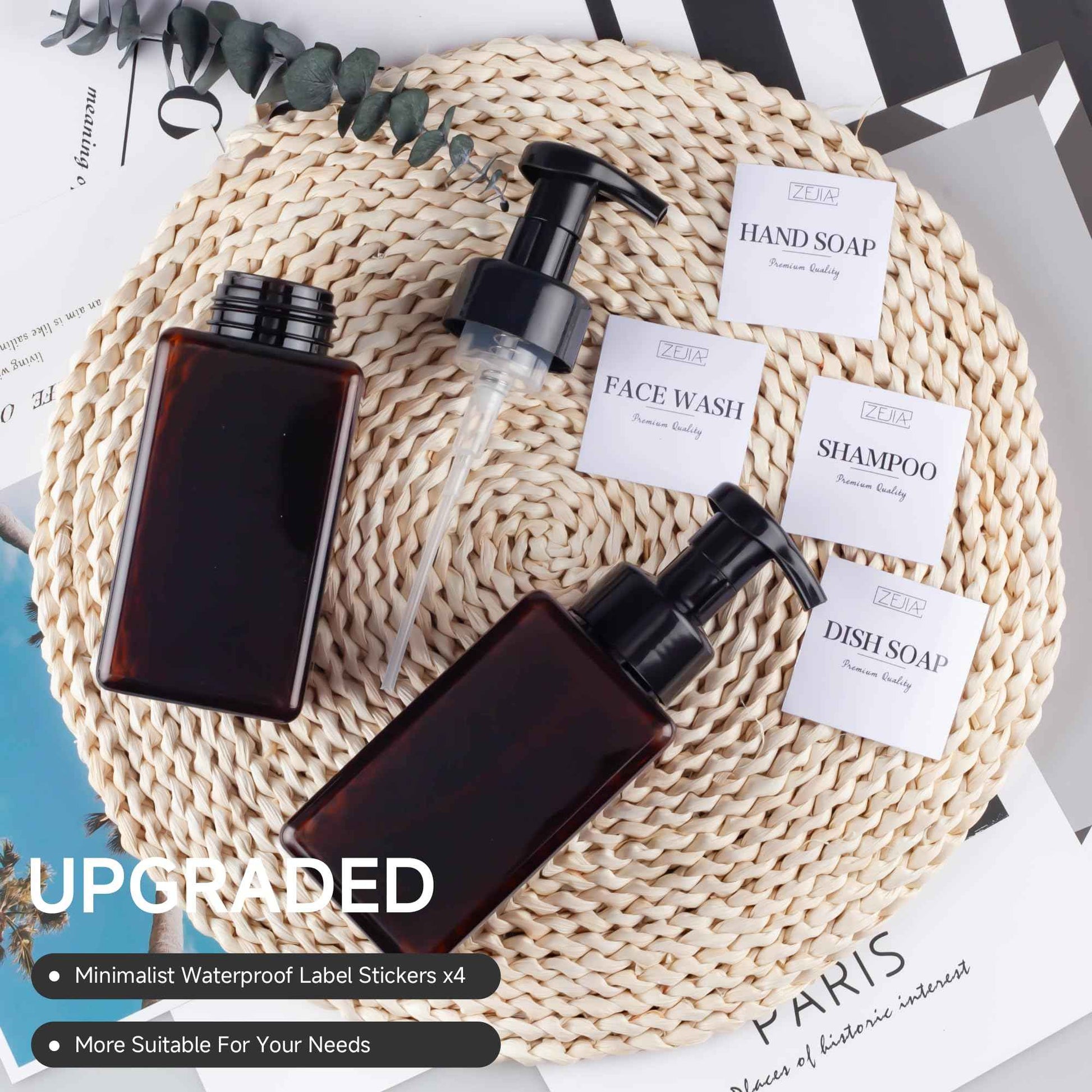 ZEJIA 15OZ Foaming Soap Dispenser, 2-Pack Plastic Hand Soap Dispenser, Refillable Leakproof Foam Pump Bottle with Waterproof Labels, for Shampoo, Body Wash