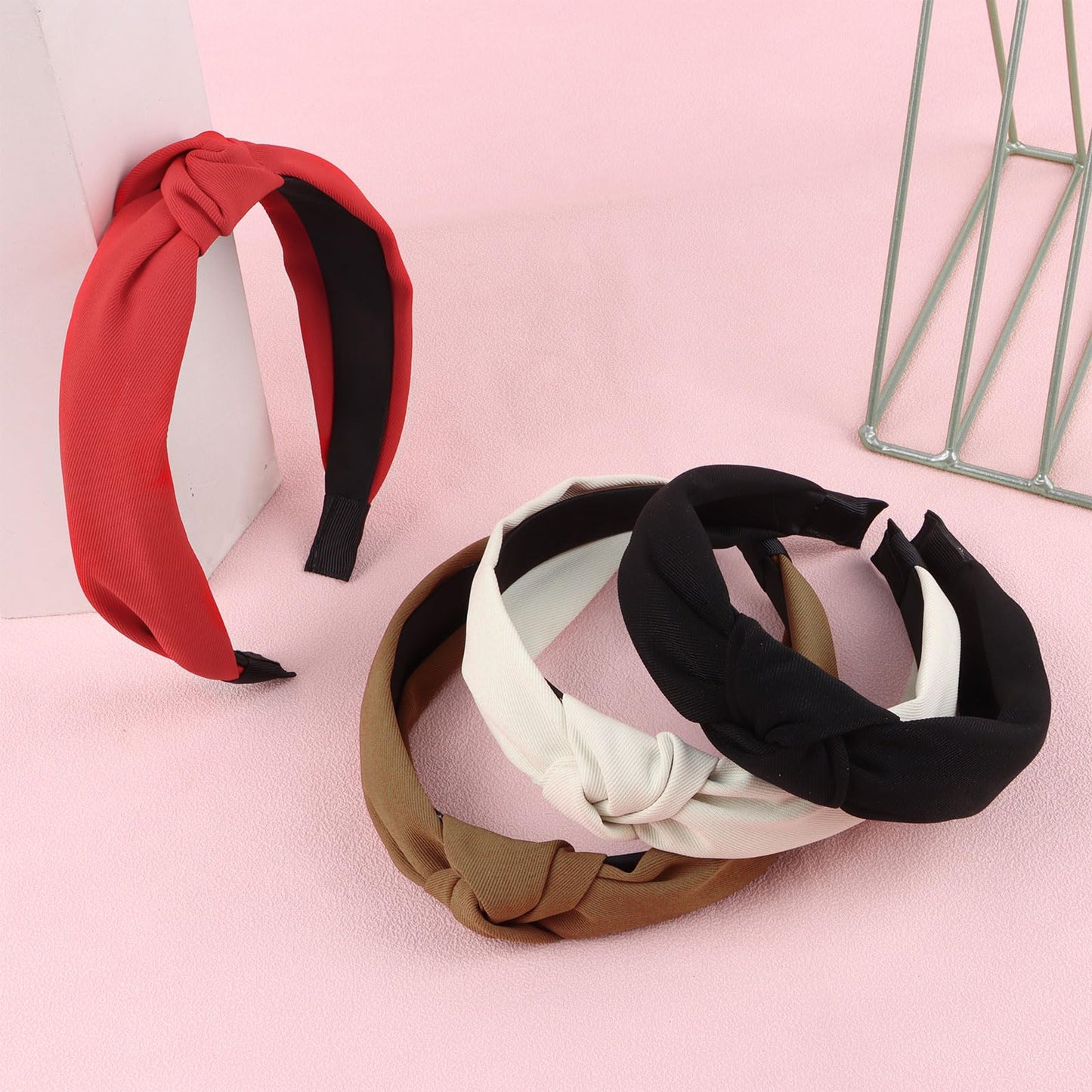 YISSION Hairband - 4Pcs Knotted Headbands for Women in Khaki, Brown, Black, Red - Non Slip Wide Head Band for Hair Accessories