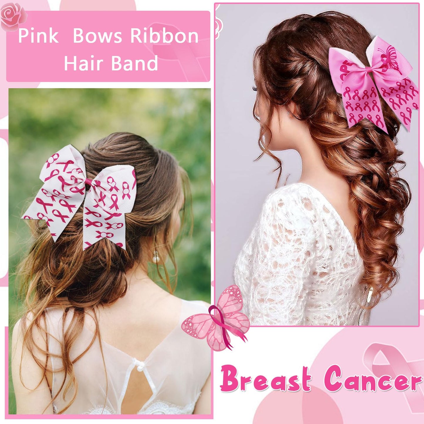 2 Pcs Breast Cancer Awareness Cheer Hair Bows Pink Ribbon Hair Ties for Women Girls White Pink Elastics Hair Bands Bow Hair Rope Hair Scarf Scrunchies Ponytail Holder Hair Accessories
