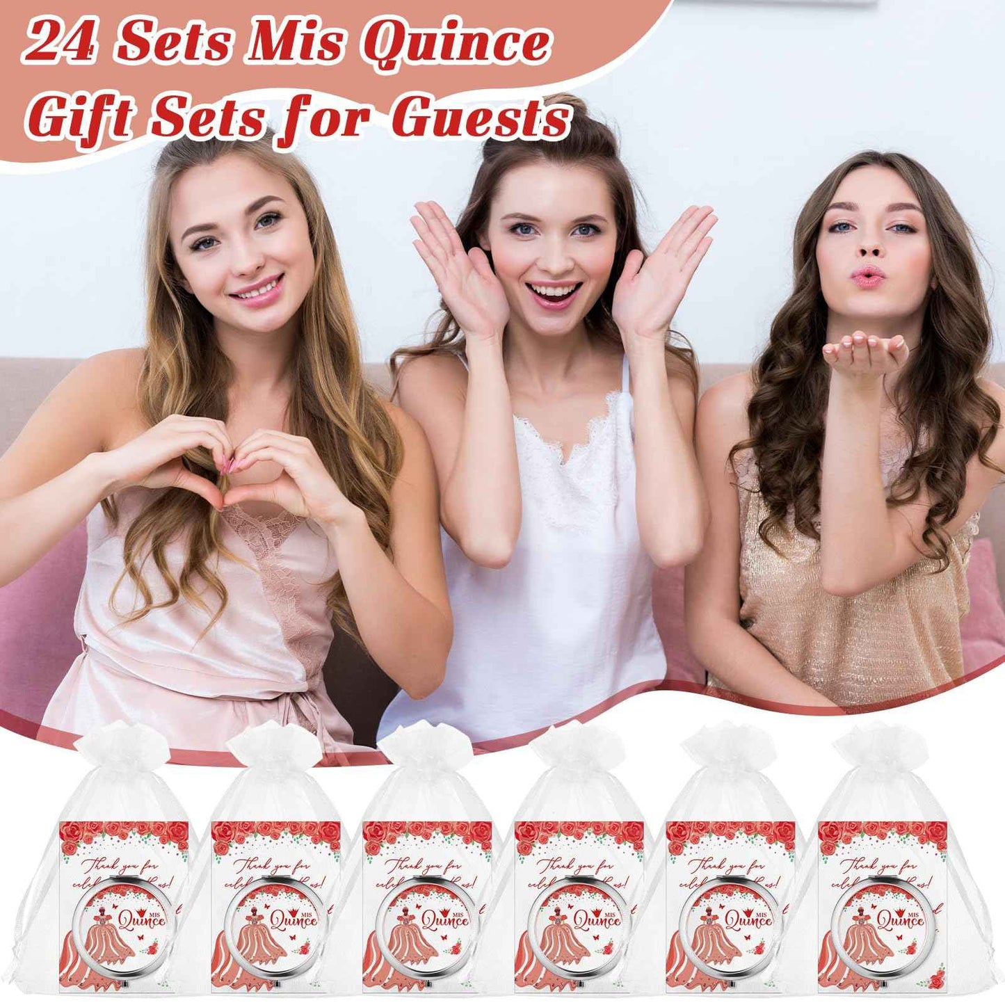 Menkxi 24 Sets Quinceanera Party Favors for Guests Mis Quince Compact Pocket Mirrors and Quinceanera Cards with Organza Bags for 15 Years Sweet Mis Quince Birthday Party Favor (Red)