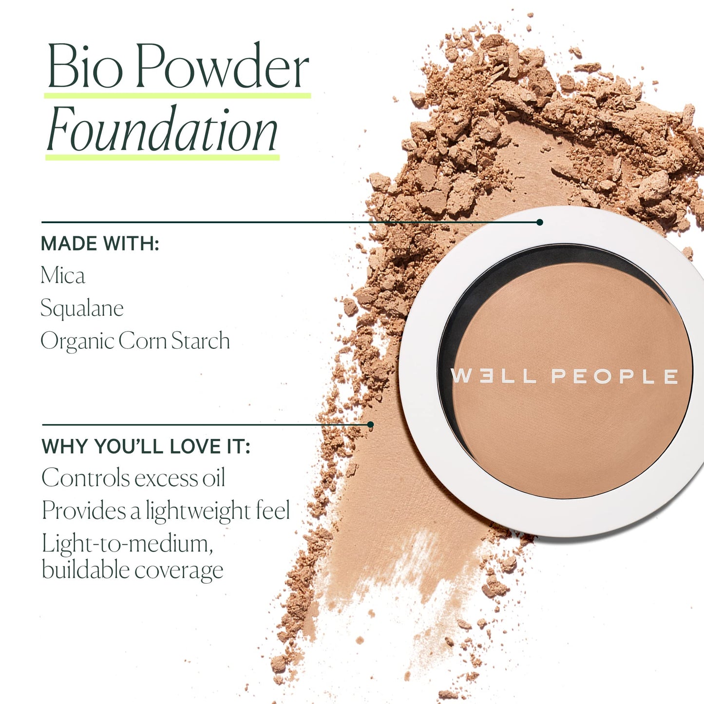 Well People Bio Powder Foundation, Lightweight & Hydrating Foundation For Perfecting & Smoothing Skin, Semi-Matte Finish, Vegan & Cruelty-free, 5.5W