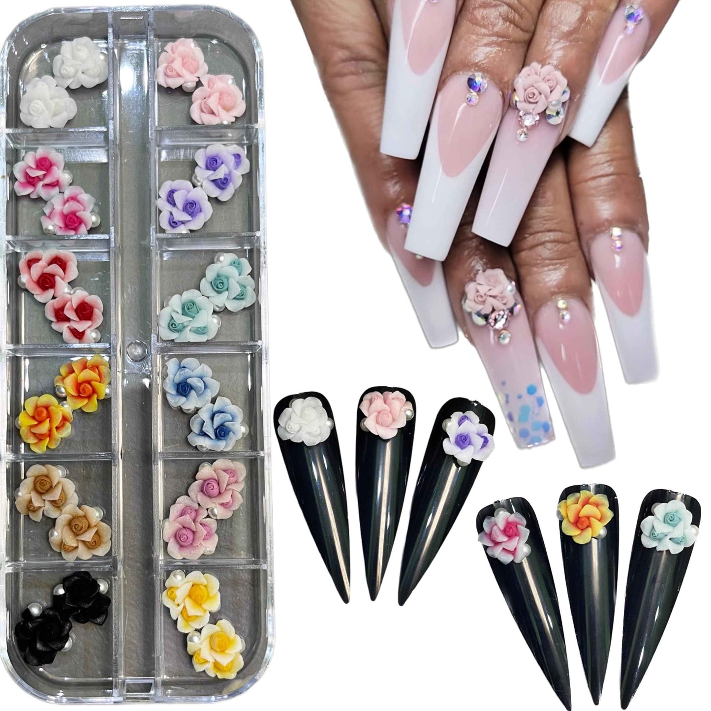 HaFloNa 3D Rose Acrylic Flowers Charms Handmade by Acrylic Powder - Short & Medium Size Set 24 Pcs 3D Flower Nails Art | Exquisite Floral Accents for Crafts and Designs Salo Deco (3 Roses)