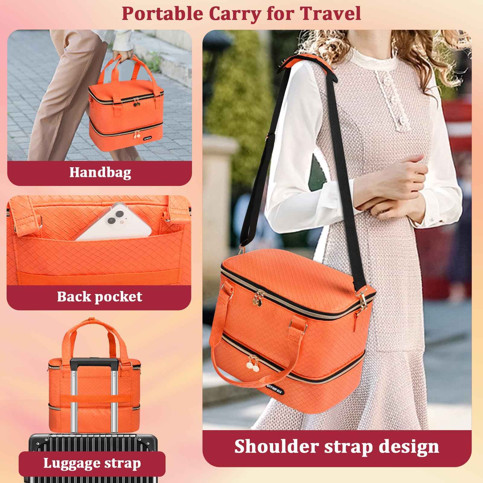 SIYNPAV Nail Polish Organizer Bag Holds 50 Bottles (15ml/0.5 fl.oz)& Nail Lamp, Woven Leather Nail Kit Storage Case with Holder Staps, Portable Nail Supplies Organizer for Manicure Tools (Orange)