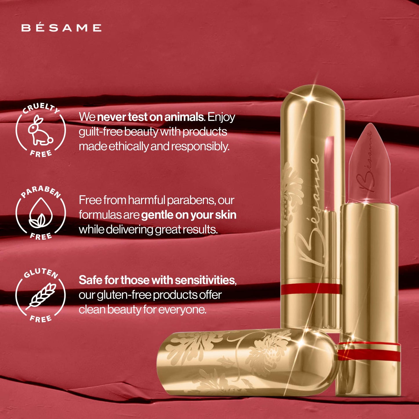 BESAME Dusty Rose Lipstick 1969, Cool Mauve Red Long-Lasting, Satin Finish Lip Color With Moisturizing Vitamin E, Universally Flattering Everyday Shade, Popular On Light-Medium Skin