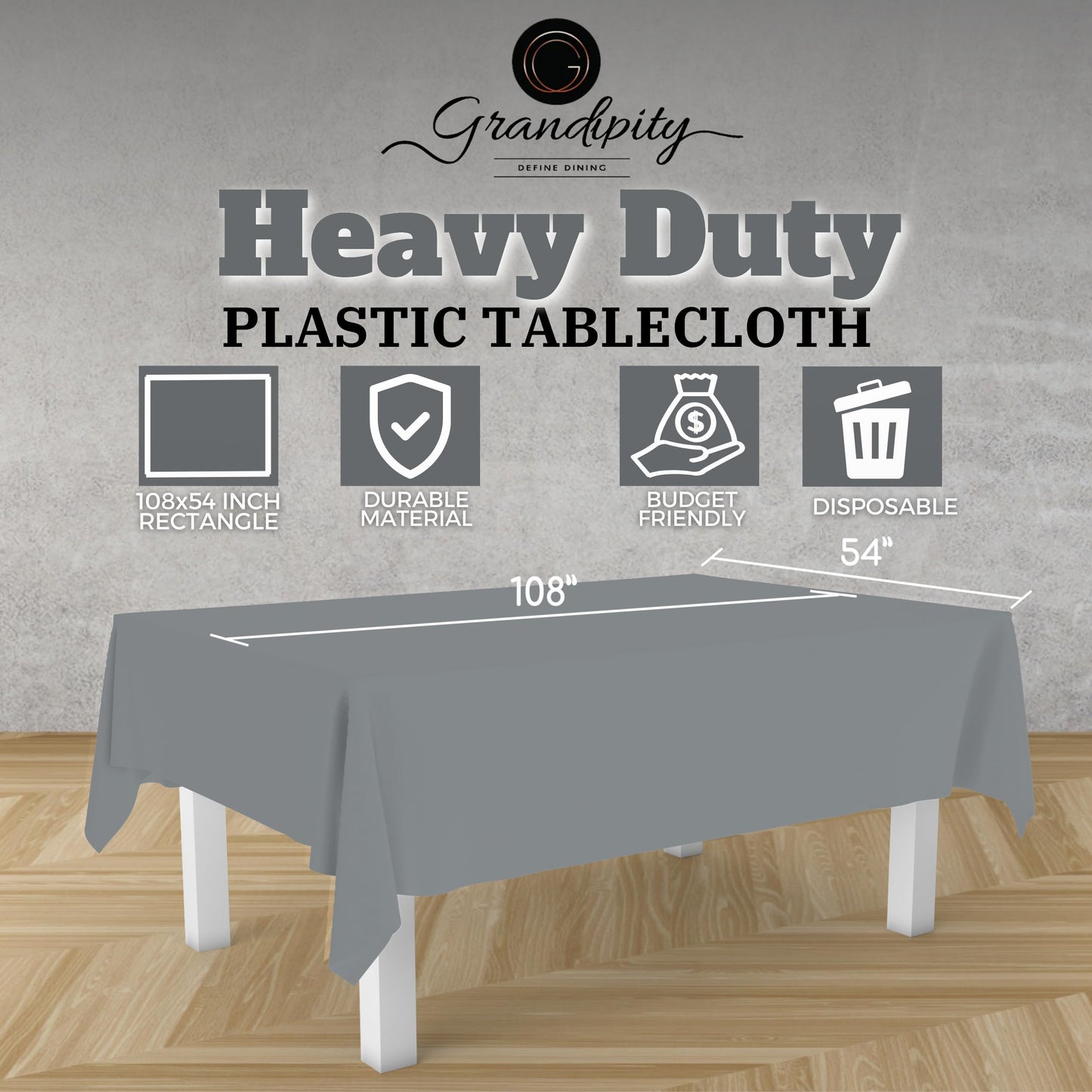 Grandipity Silver 12 Pack Premium Disposable Plastic Tablecloth 54 Inch. x 108 Inch. Decorative Rectangle Table Cover