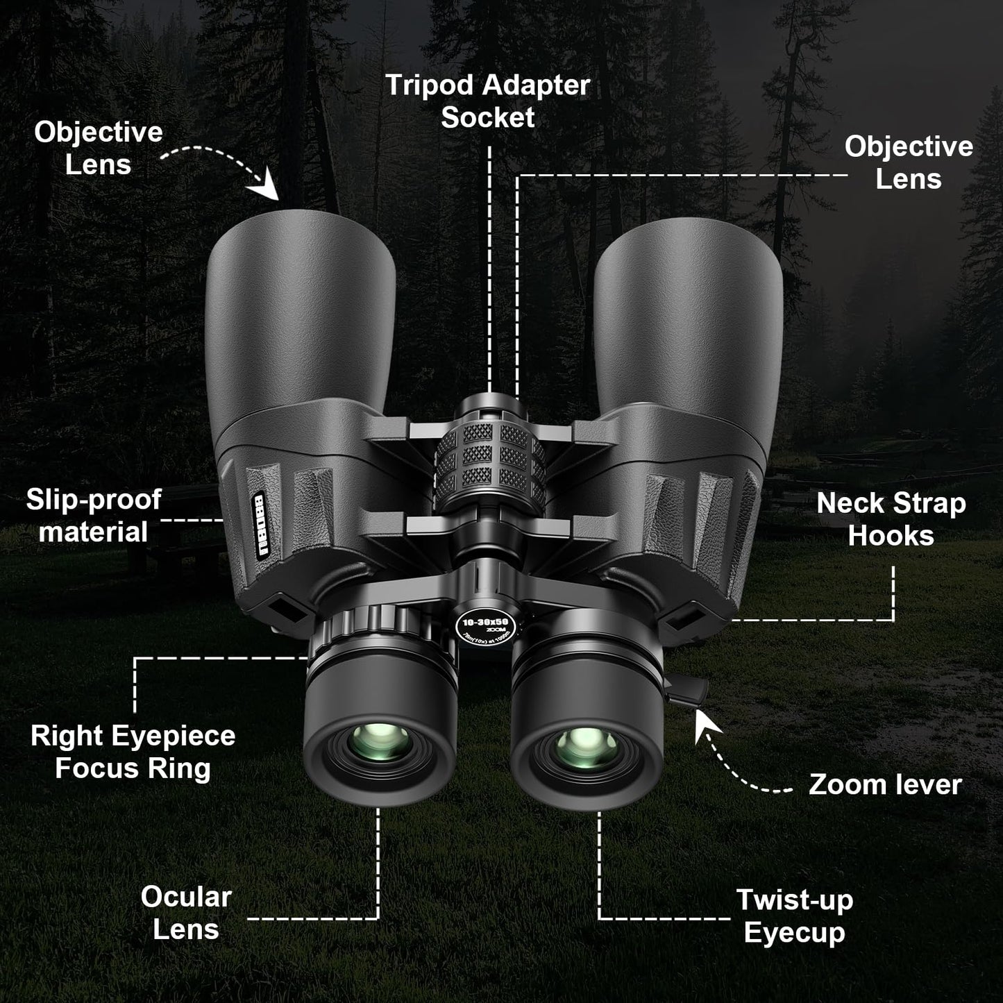 10-30x50 Zoom Binoculars for Adults High Powered Binoculars with Phone Adapter, Tripod, Waterproof - for Adults Bird Watching, Hunting, Traveling, Hunting,Concerts,Clear Low Light Vision at Night