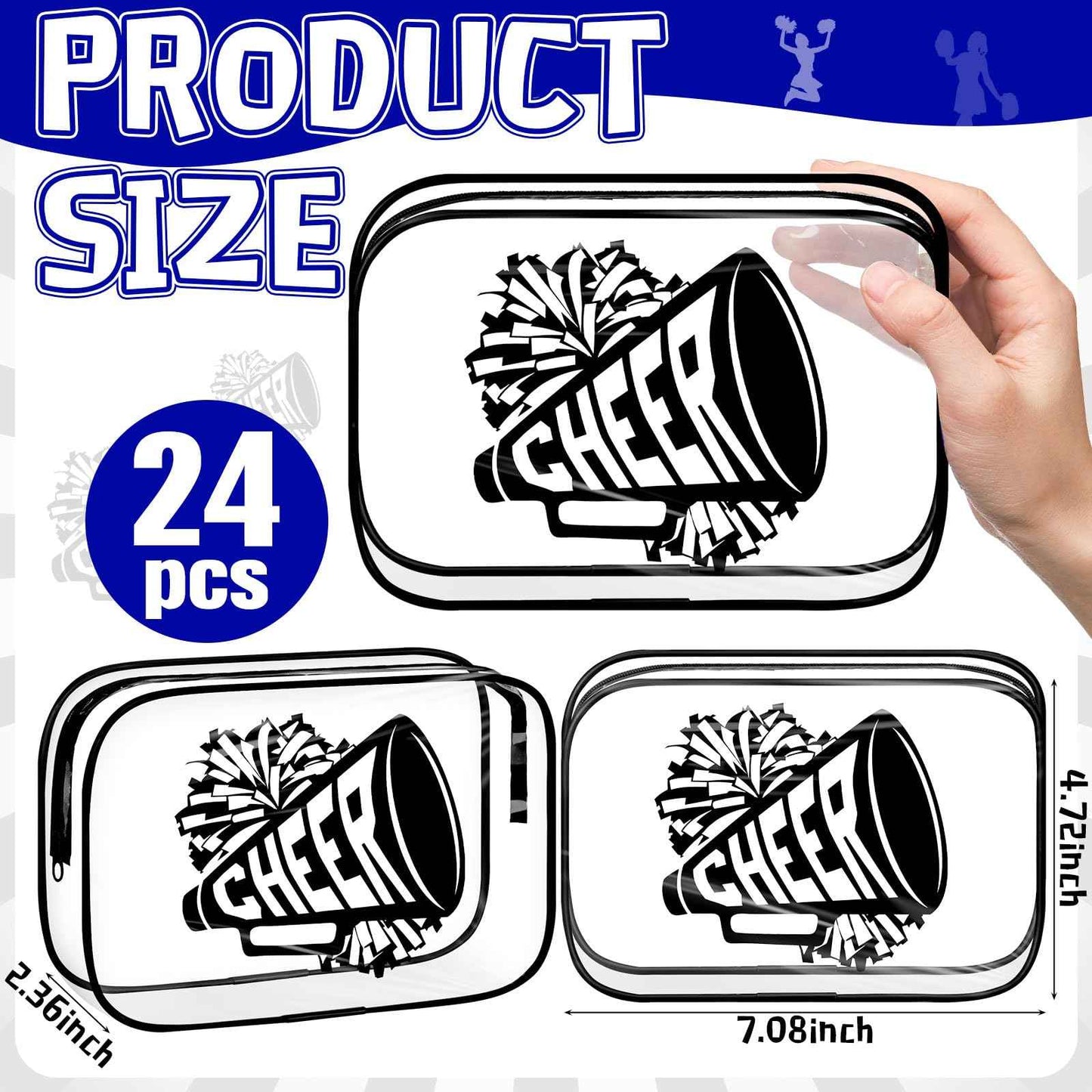 Kacctyen 24 Pcs Black Cheer Makeup Bag Cheer Gifts Bulk for Team 7 x 4.7 x 2.4'' Cosmetic Bag Cheerleader PVC Makeup Case Clear Toiletry Zipper Pouch for Cheerleading Teammates Party Supplies