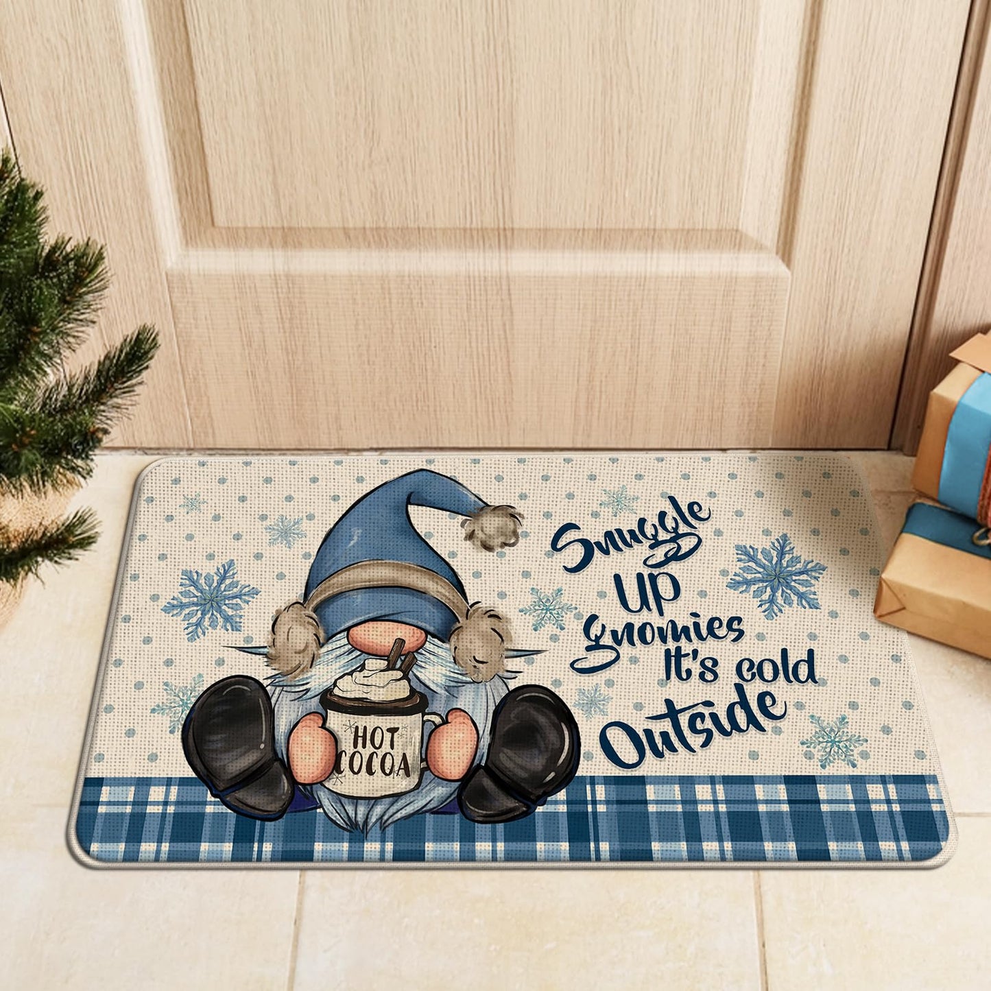 Tailus Winter Gnome Let It Snow Kitchen Rugs Set of 2, Blue Plaid Polka Dot Snowflake Farmhouse Kitchen Mats Decor, Christmas Holiday Seasonal Floor Door Mat Home Decorations -17x29 and 17x47 Inch